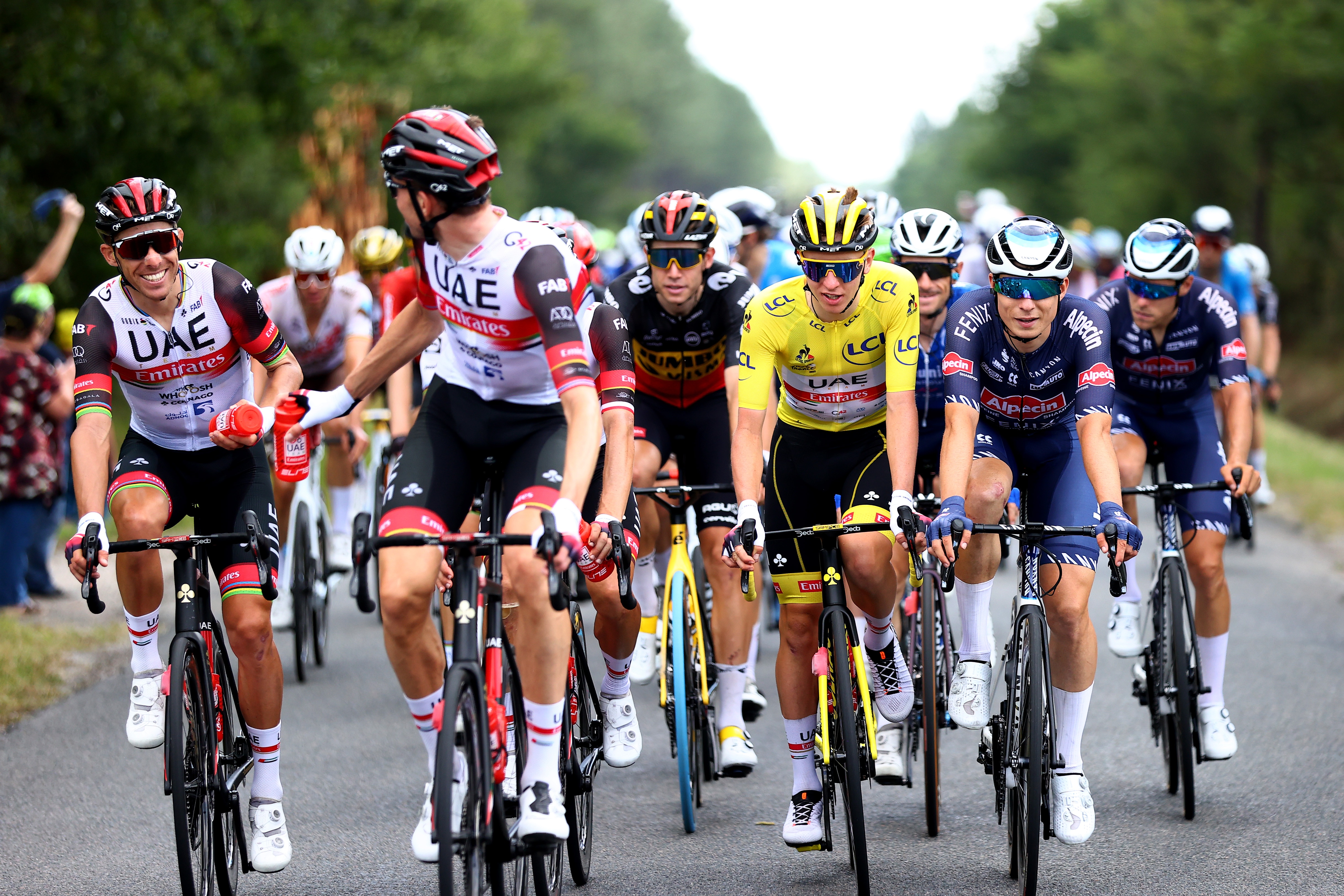 LIBOURNE, FRANCE - JULY 16: Rui Costa of Portugal and UAE-Team Emirates, Tadej PogaÄar of Slovenia and UAE-Team Emirates yellow leader jersey & 2of Belgium and Team Alpecin-Fenix during the 108th Tour de France 2021, Stage 19 a 207km stage from Mourenx to Libourne / @LeTour / #TDF2021 / on July 16, 2021 in Libourne, France. (Photo by Michael Steele/Getty Images)