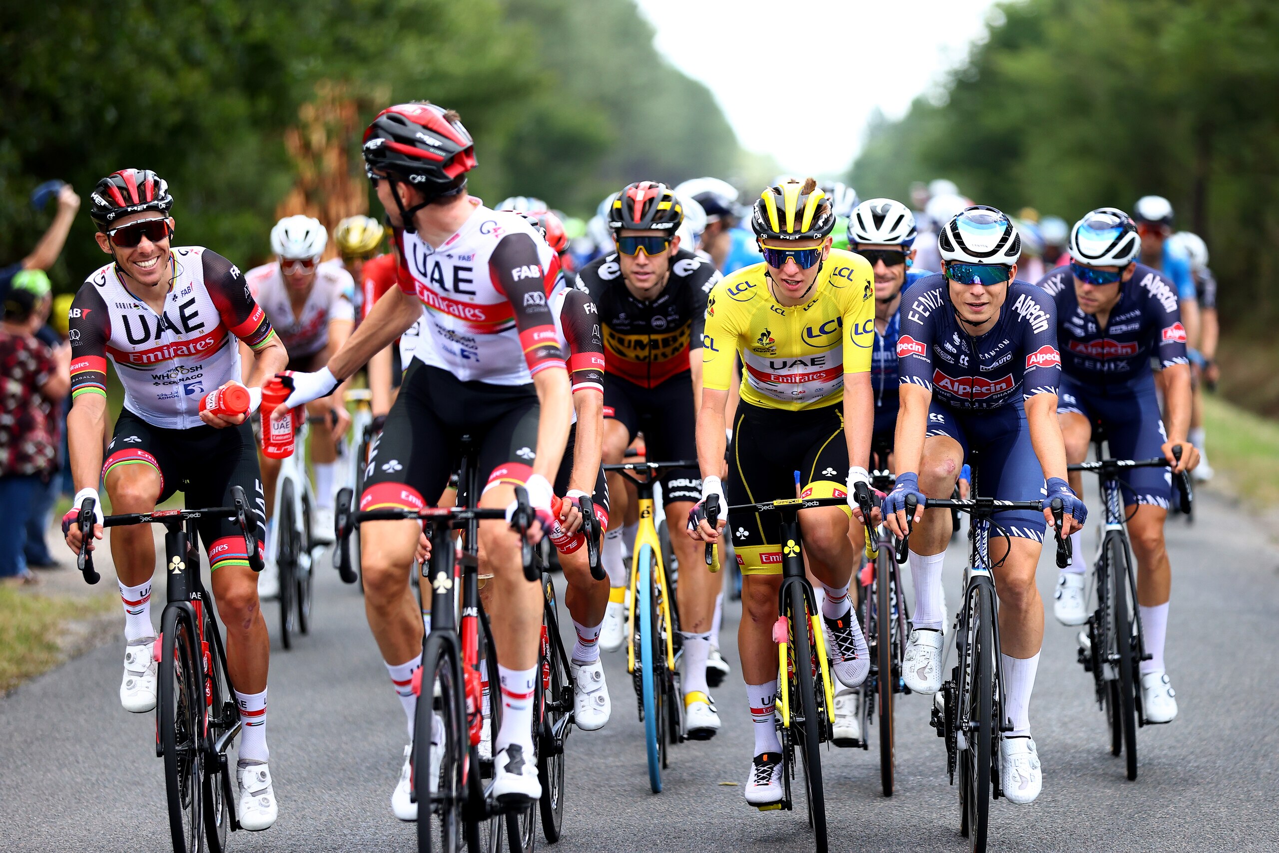 LIBOURNE, FRANCE - JULY 16: Rui Costa of Portugal and UAE-Team Emirates, Tadej PogaÄar of Slovenia and UAE-Team Emirates yellow leader jersey & 2of Belgium and Team Alpecin-Fenix during the 108th Tour de France 2021, Stage 19 a 207km stage from Mourenx to Libourne / @LeTour / #TDF2021 / on July 16, 2021 in Libourne, France. (Photo by Michael Steele/Getty Images)