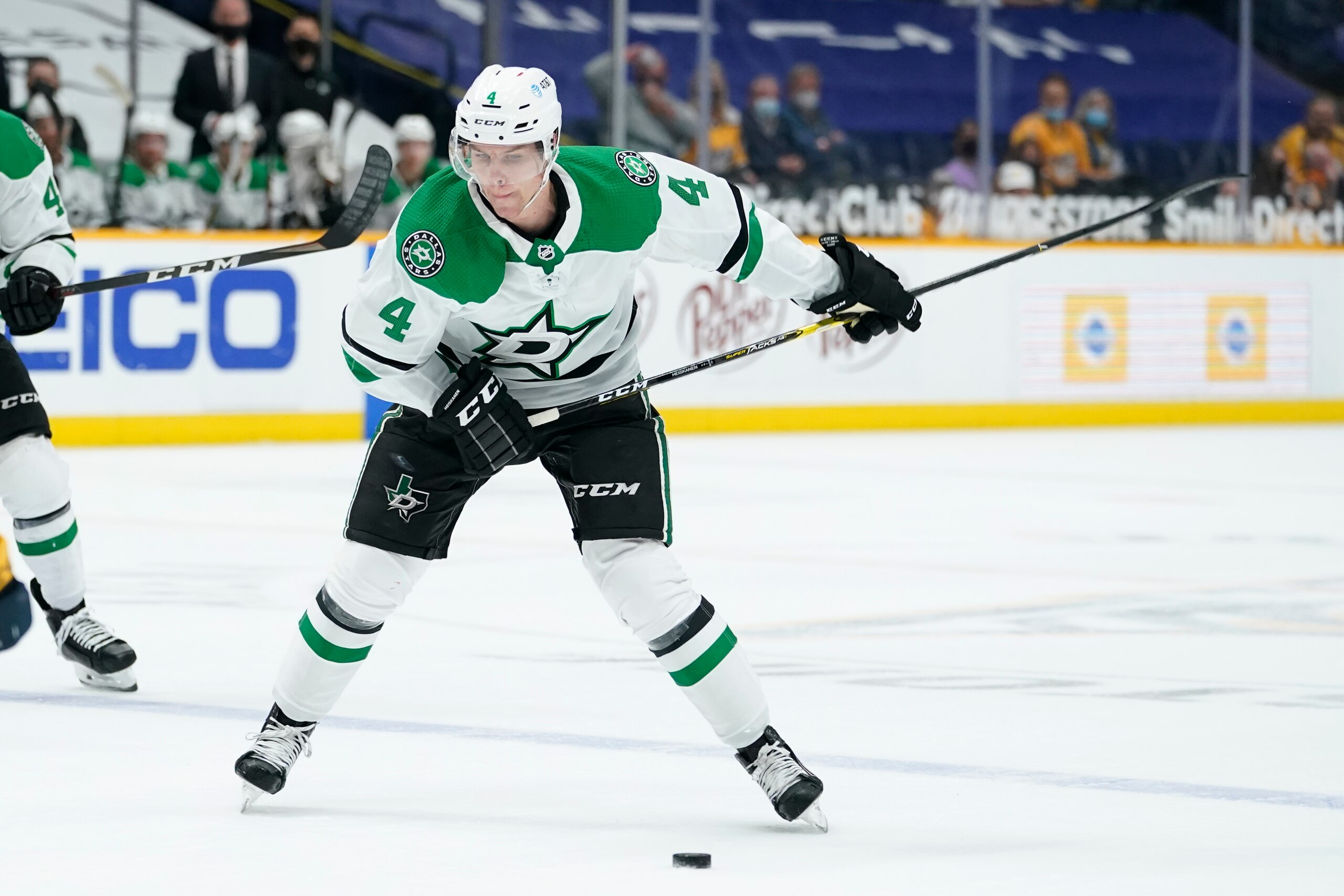 Dallas Stars defenseman Miro Heiskanen (4) plays against the Nashville Predators in the first period of an NHL hockey game Saturday, May 1, 2021, in Nashville, Tenn. (AP Photo/Mark Humphrey)