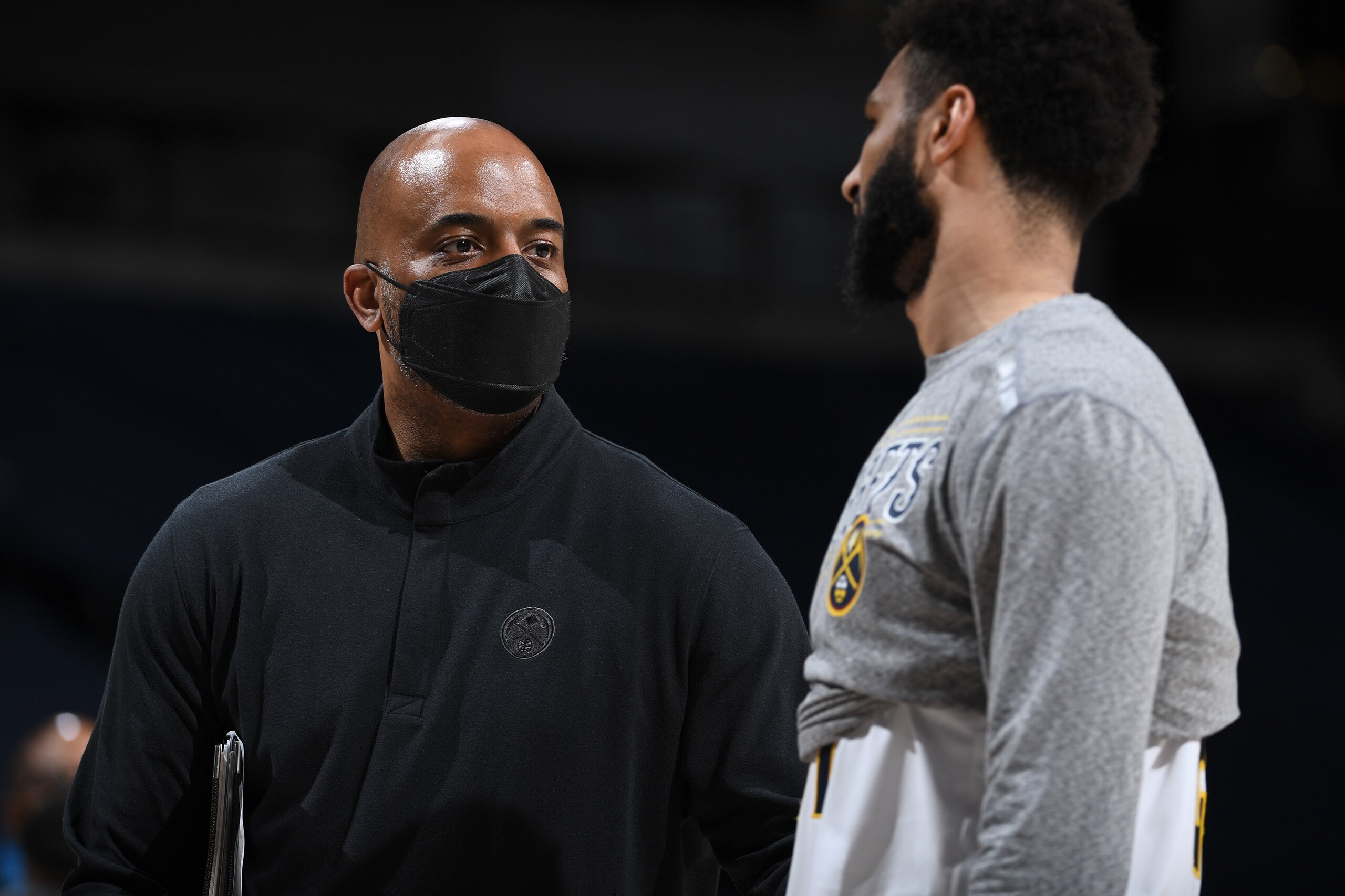 DENVER, CO - MARCH 15 : Associate Head Coach Wes Unseld Jr. of the Denver Nuggets talks to Jamal Murray #27 of the Denver Nuggets during the game against the Indiana Pacers on March 15, 2021 at the Ball Arena in Denver, Colorado. NOTE TO USER: User expressly acknowledges and agrees that, by downloading and/or using this Photograph, user is consenting to the terms and conditions of the Getty Images License Agreement. Mandatory Copyright Notice: Copyright 2021 NBAE (Photo by Garrett Ellwood/NBAE via Getty Images)
