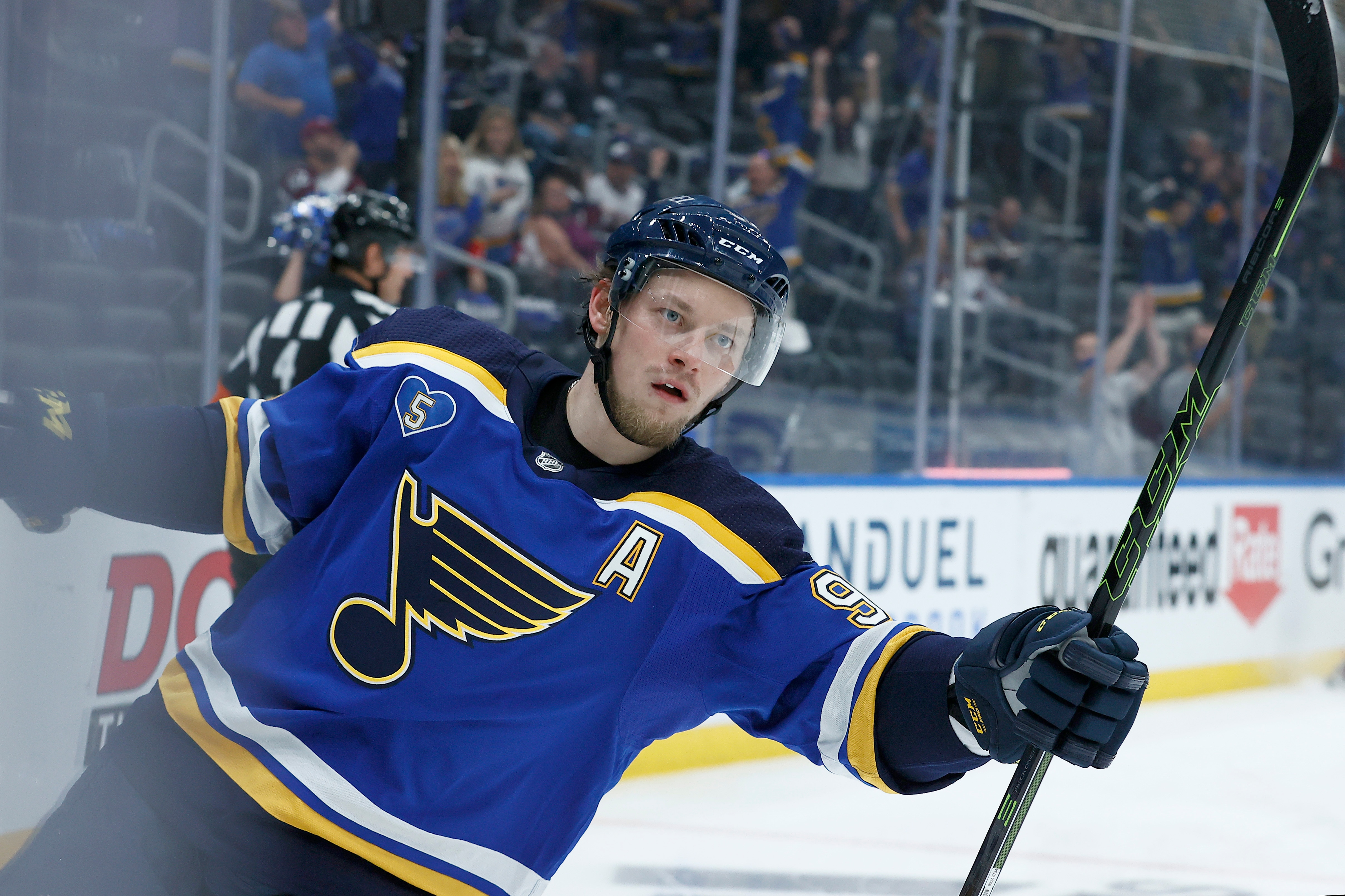 ST LOUIS, MISSOURI - MAY 23: Vladimir Tarasenko #91 of the St. Louis Blues celebrates after scoring a goal against Philipp Grubauer #31 of the Colorado Avalanche in the second period at Enterprise Center on May 23, 2021 in St Louis, Missouri. (Photo by Tom Pennington/Getty Images)