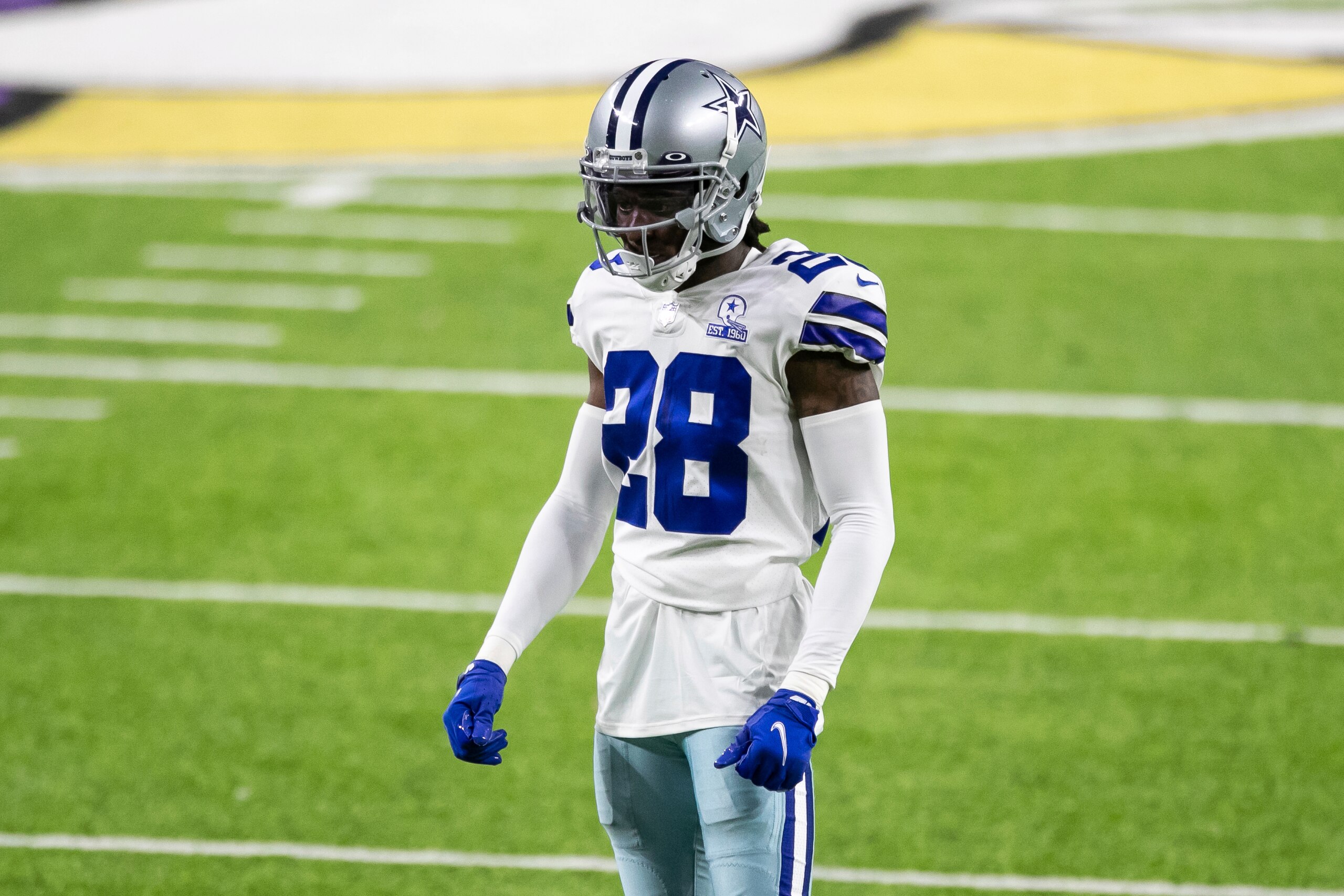 Dallas Cowboys defensive back Rashard Robinson (28) looks on in the third quarter during an NFL football game against the Minnesota Vikings, Sunday, Nov. 22, 2020, in Minneapolis. (AP Photo/David Berding)