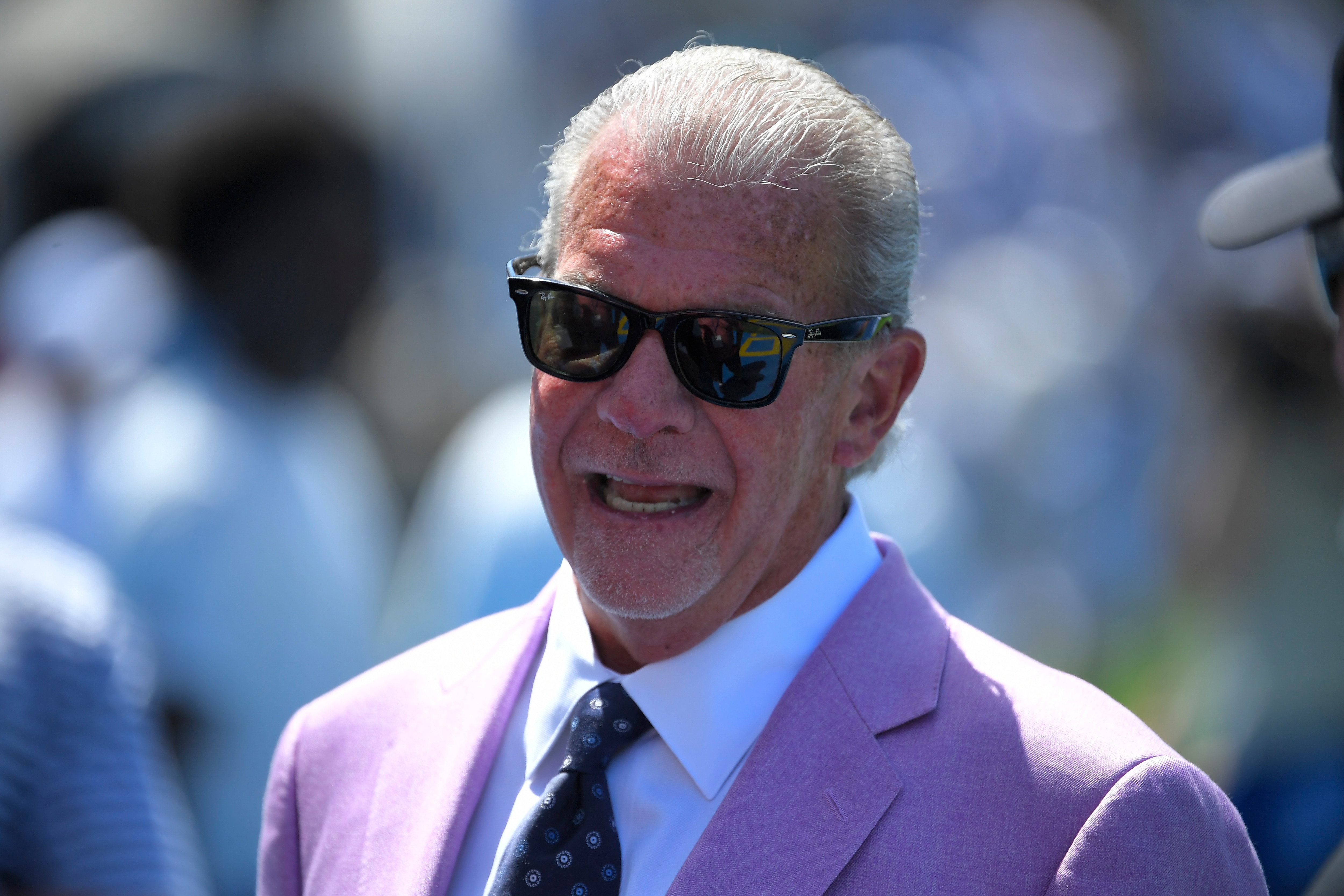 James Irsay, owner and CEO of the Indianapolis Colts watches during warm ups before an NFL football game against the Los Angeles Chargers Sunday, Sept. 8, 2019, in Carson, Calif. (AP Photo/Mark J. Terrill)