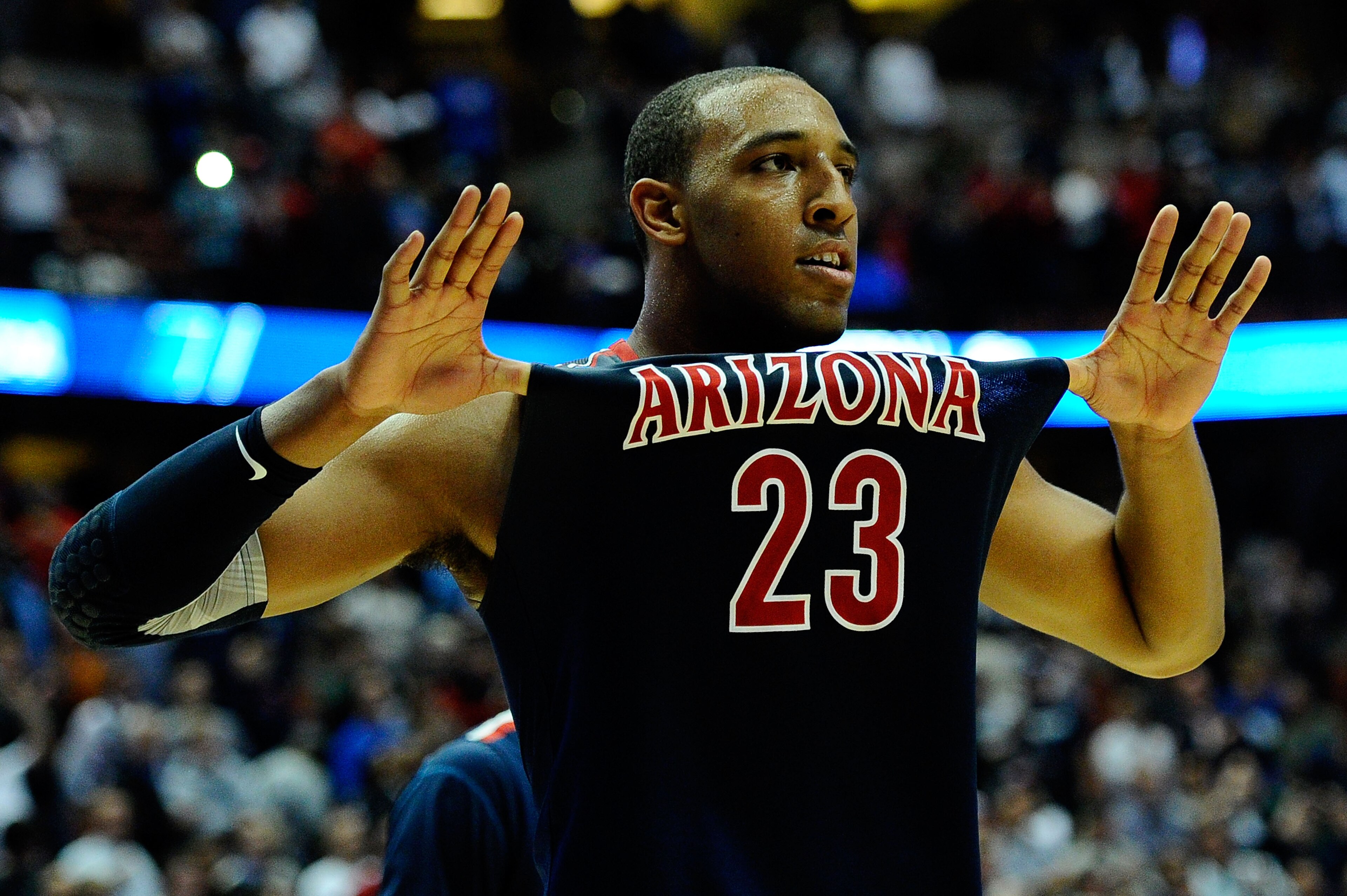 ANAHEIM, CA - MARCH 24:  Derrick Williams #23 of the Arizona Wildcats reacts after defeating the Duke Blue Devils during the west regional semifinal of the 2011 NCAA men's basketball tournament at the Honda Center on March 24, 2011 in Anaheim, California.  (Photo by Kevork Djansezian/Getty Images)