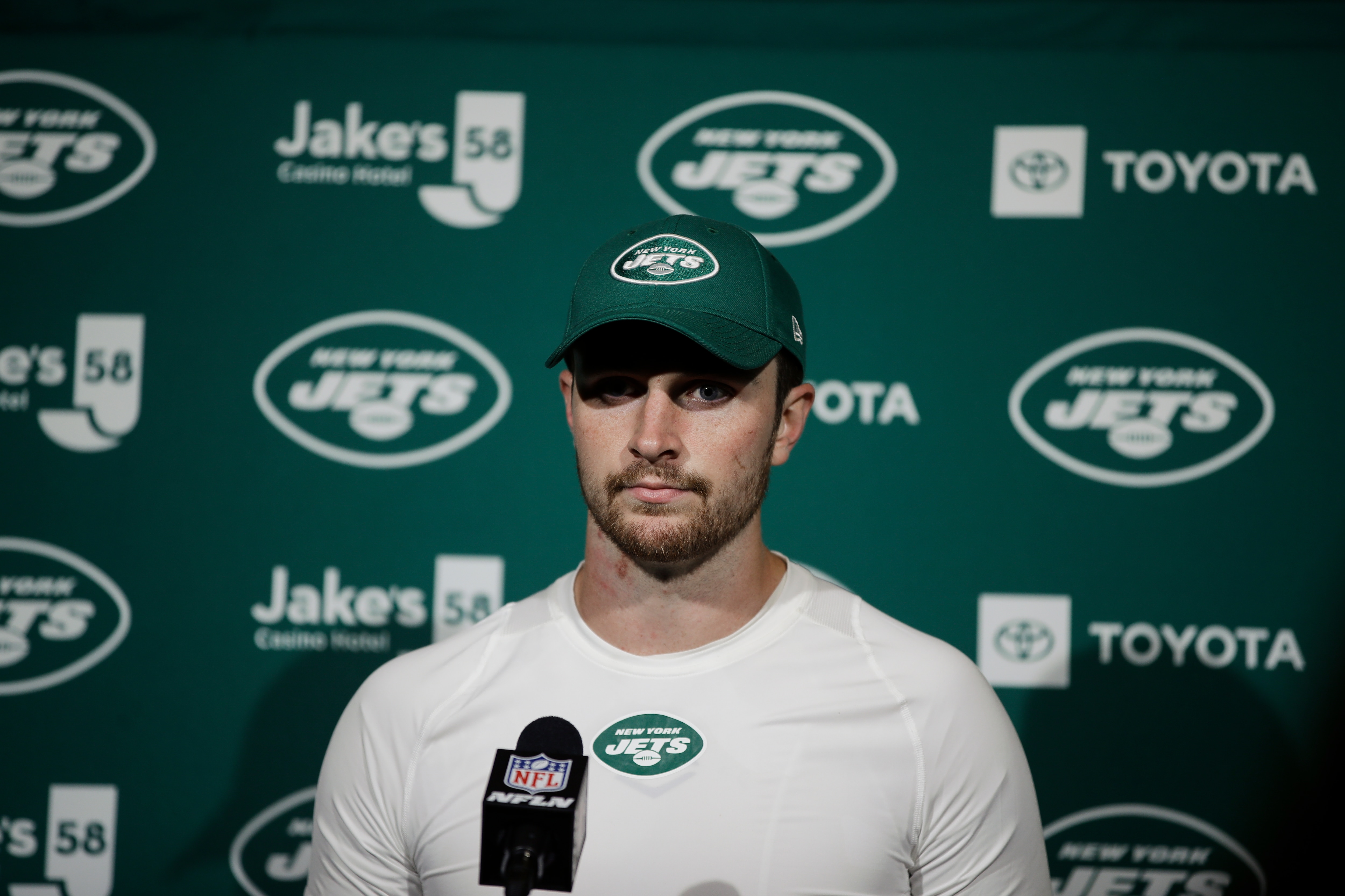 New York Jets quarterback Luke Falk speaks with members of the media after during an NFL football game against the Philadelphia Eagles, Sunday, Oct. 6, 2019, in Philadelphia. (AP Photo/Matt Rourke)