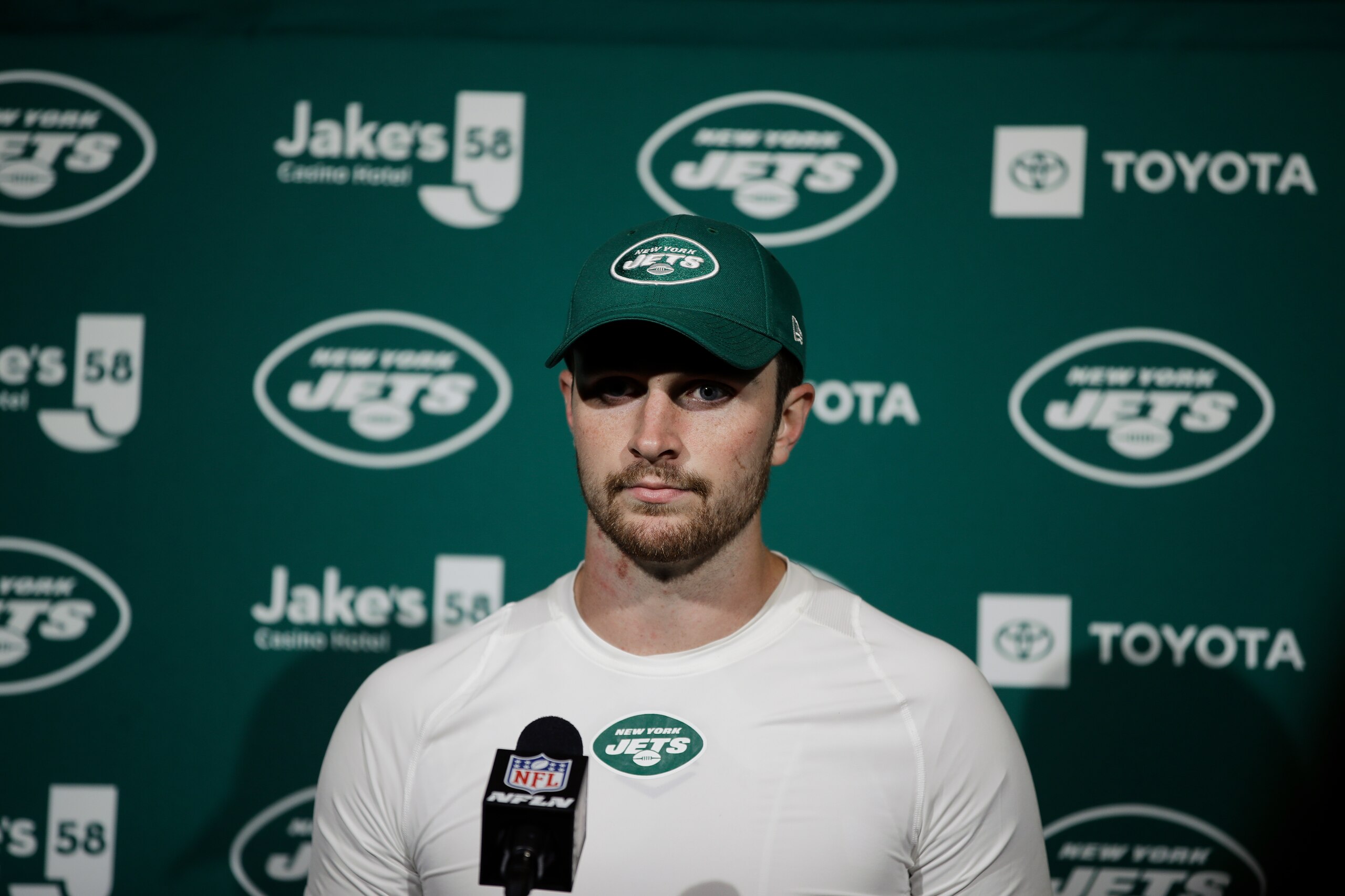 New York Jets quarterback Luke Falk speaks with members of the media after during an NFL football game against the Philadelphia Eagles, Sunday, Oct. 6, 2019, in Philadelphia. (AP Photo/Matt Rourke)