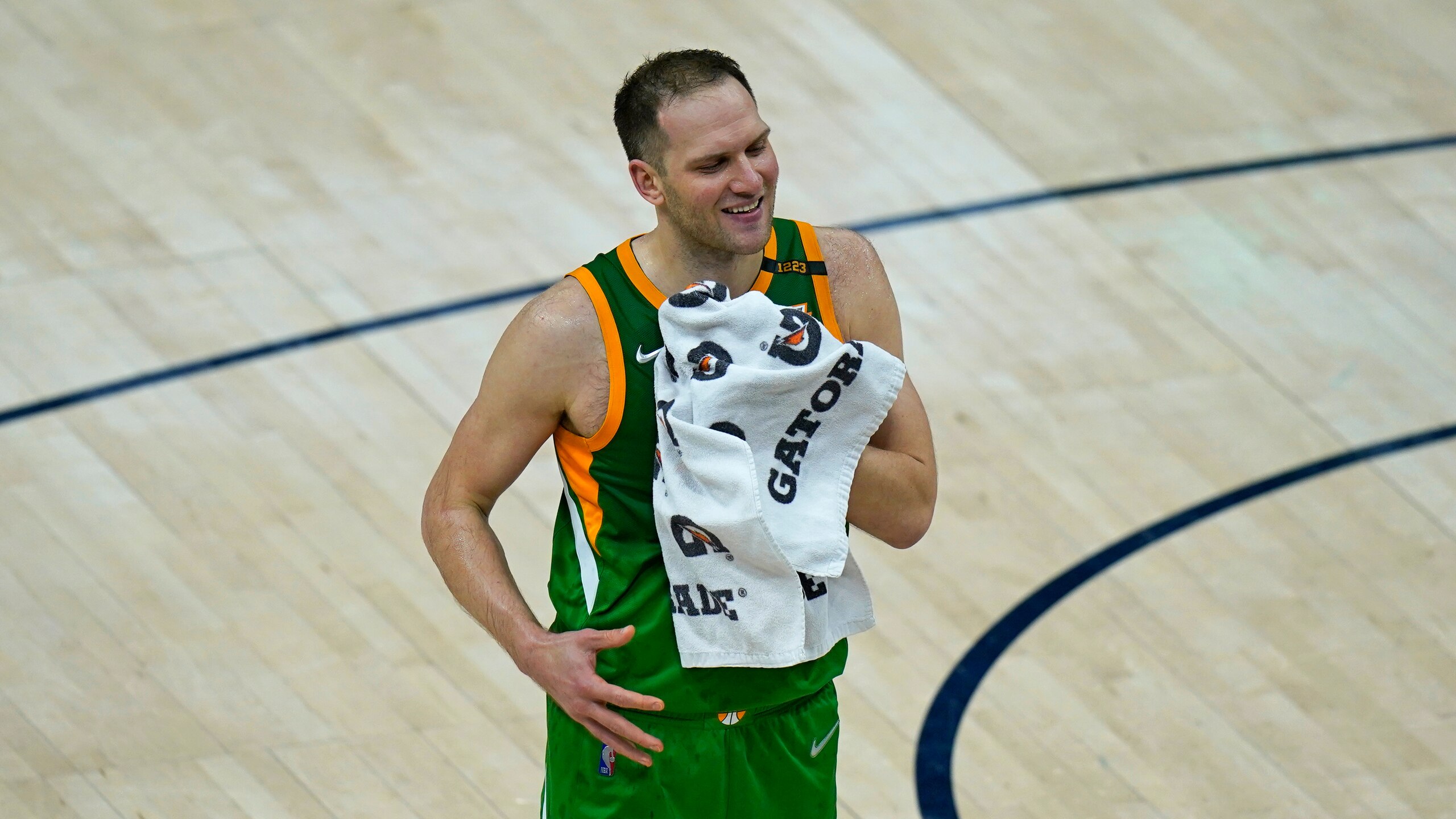 Utah Jazz forward Bojan Bogdanovic (44) walls up court following their victory over the Denver Nuggets during an NBA basketball game Friday, May 7, 2021, in Salt Lake City. (AP Photo/Rick Bowmer)