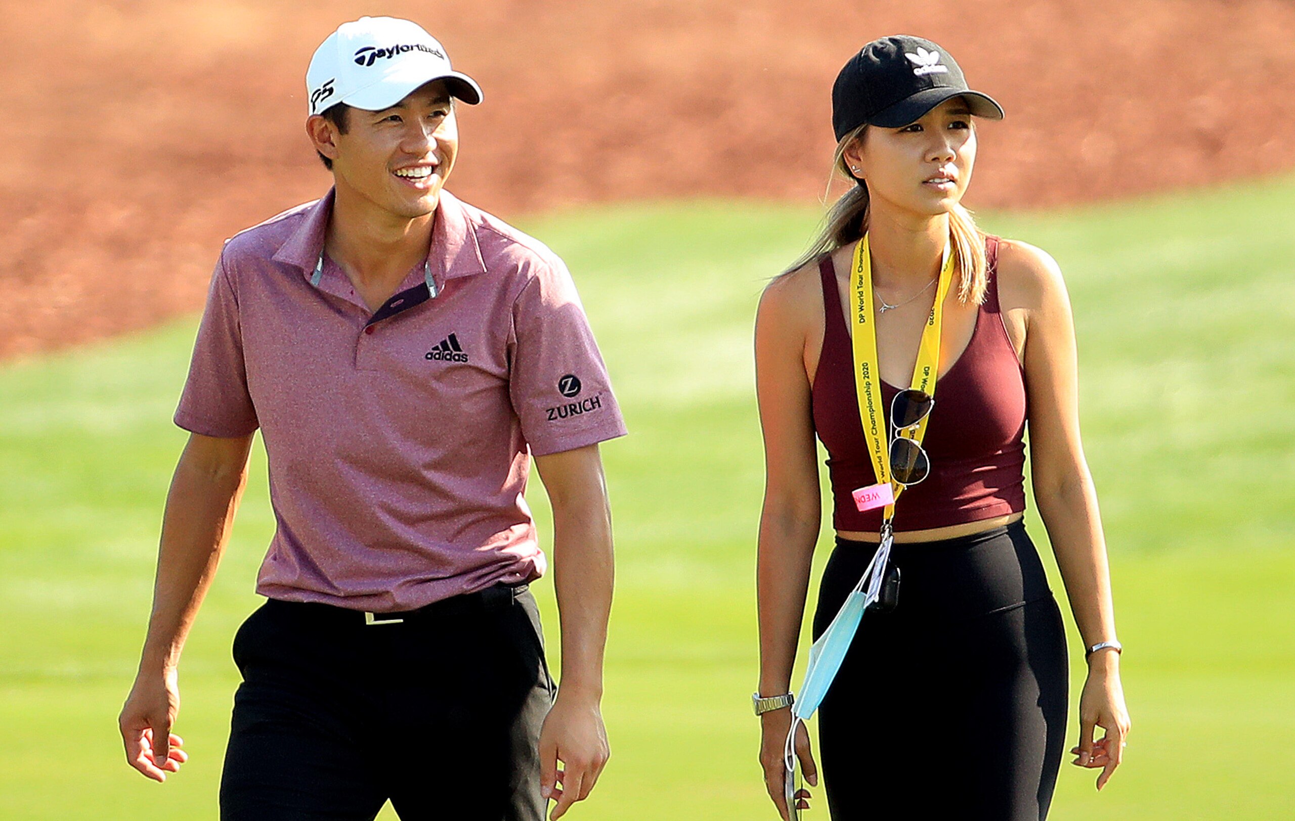 DUBAI, UNITED ARAB EMIRATES - DECEMBER 09: Collin Morikawa of the United States walks with his girlfriend Katherine Zhu during practice for the DP World Tour Championship at Jumeirah Golf Estates on December 09, 2020 in Dubai, United Arab Emirates. (Photo by Andrew Redington/Getty Images) DUBAI, UNITED ARAB EMIRATES - DECEMBER 09: Collin Morikawa of the United States walks with his girlfriend Katherine Zhu during practice for the DP World Tour Championship at Jumeirah Golf Estates on December 09, 2020 in Dubai, United Arab Emirates. (Photo by Andrew Redington/Getty Images)