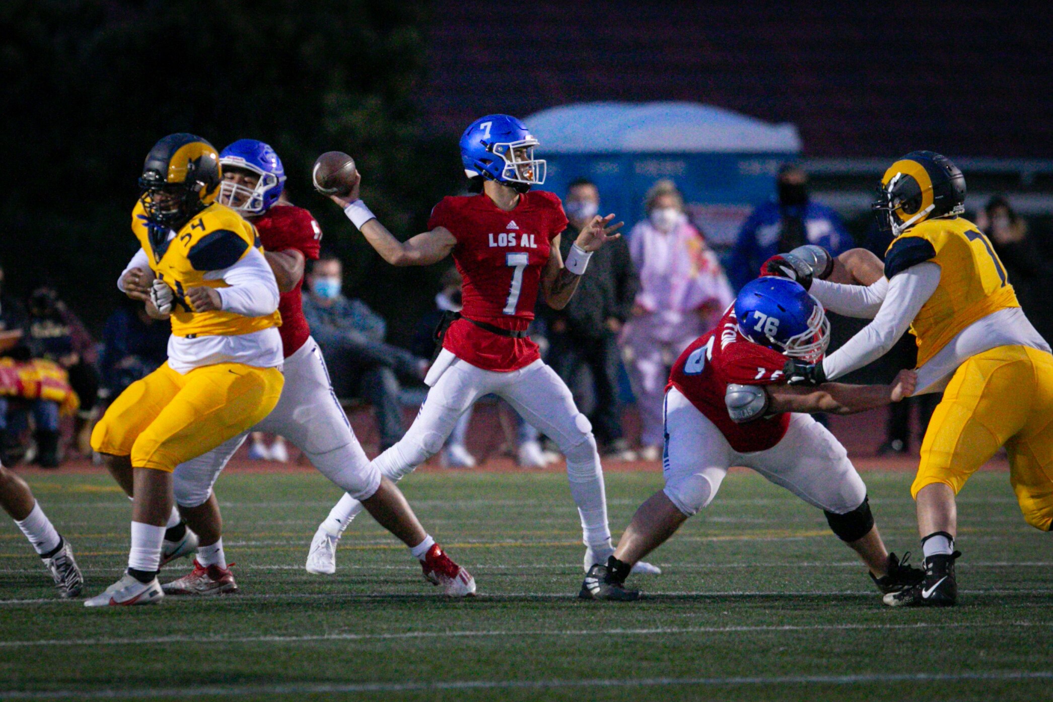 LOS ALAMITOS, CA - MARCH 12: Los Alamitos quarterback Malachi Nelson (7) throws the football against Millikan on Friday, March 12, 2021. (Jason Armond / Los Angeles Times via Getty Images)