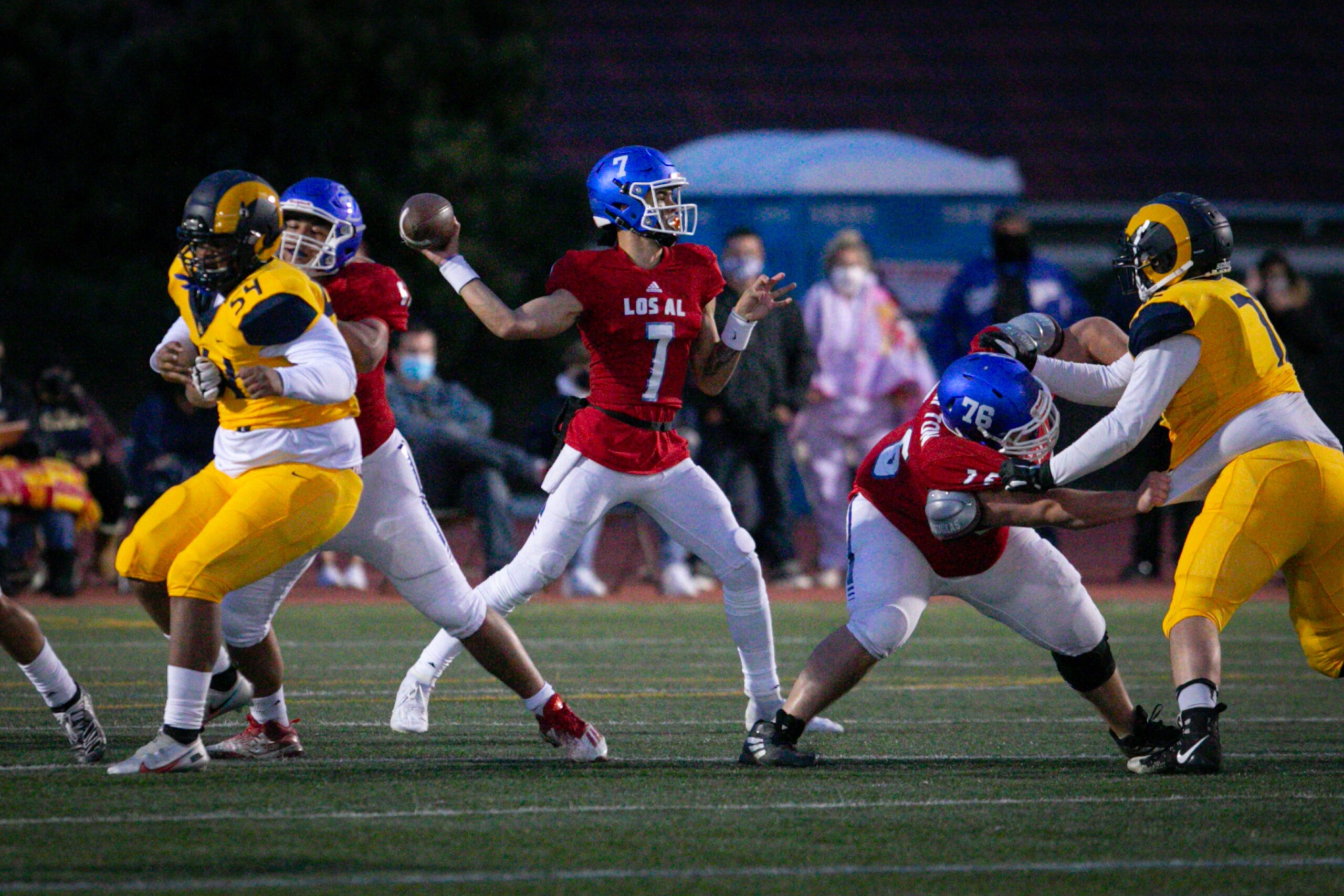 LOS ALAMITOS, CA - MARCH 12: Los Alamitos quarterback Malachi Nelson (7) throws the football against Millikan on Friday, March 12, 2021. (Jason Armond / Los Angeles Times via Getty Images)