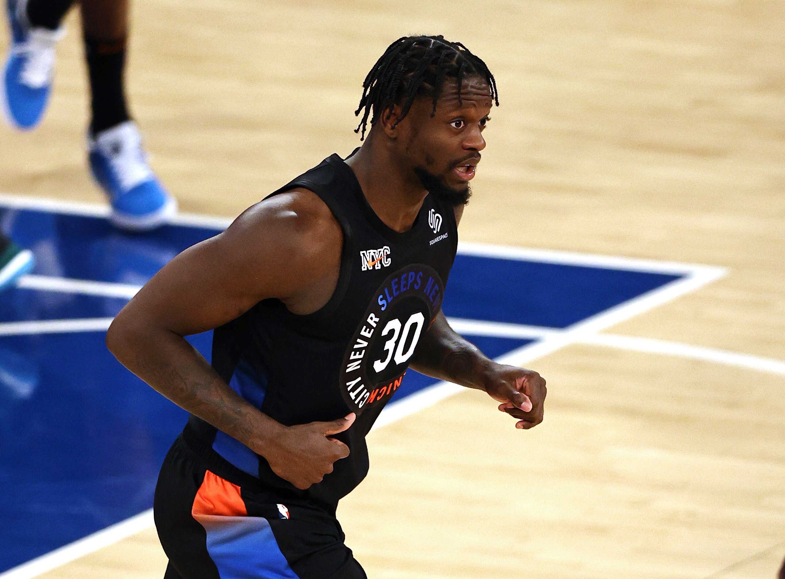 New York Knicks' Julius Randle celebrates his shot in the third quarter against the Atlanta Hawks in Game 2 in an NBA basketball first-round playoff series Wednesday, May 26, 2021, in New York. (Elsa/Pool Photo via AP)