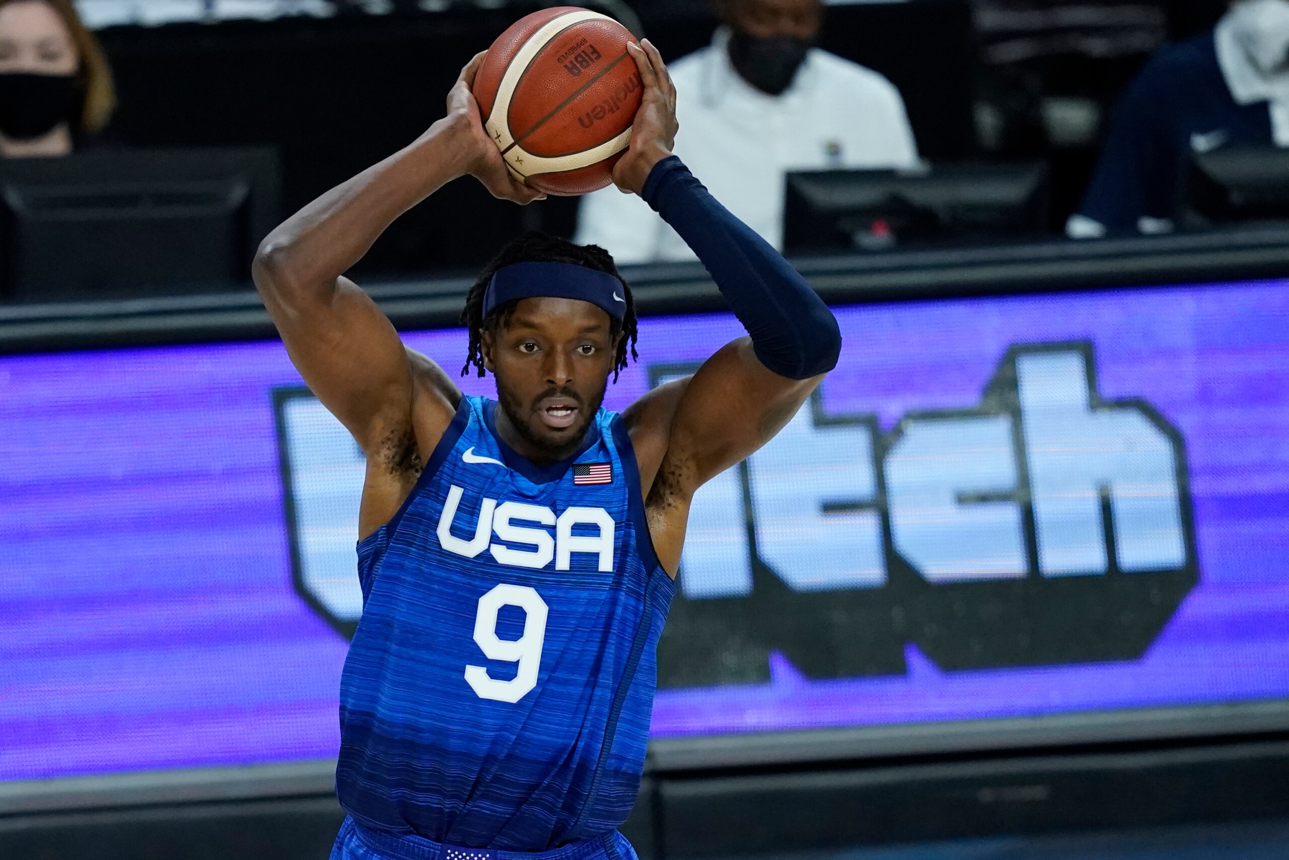 United States' Jerami Grant plays against Australia during an exhibition basketball game Monday, July 12, 2021, in Las Vegas. (AP Photo/John Locher)