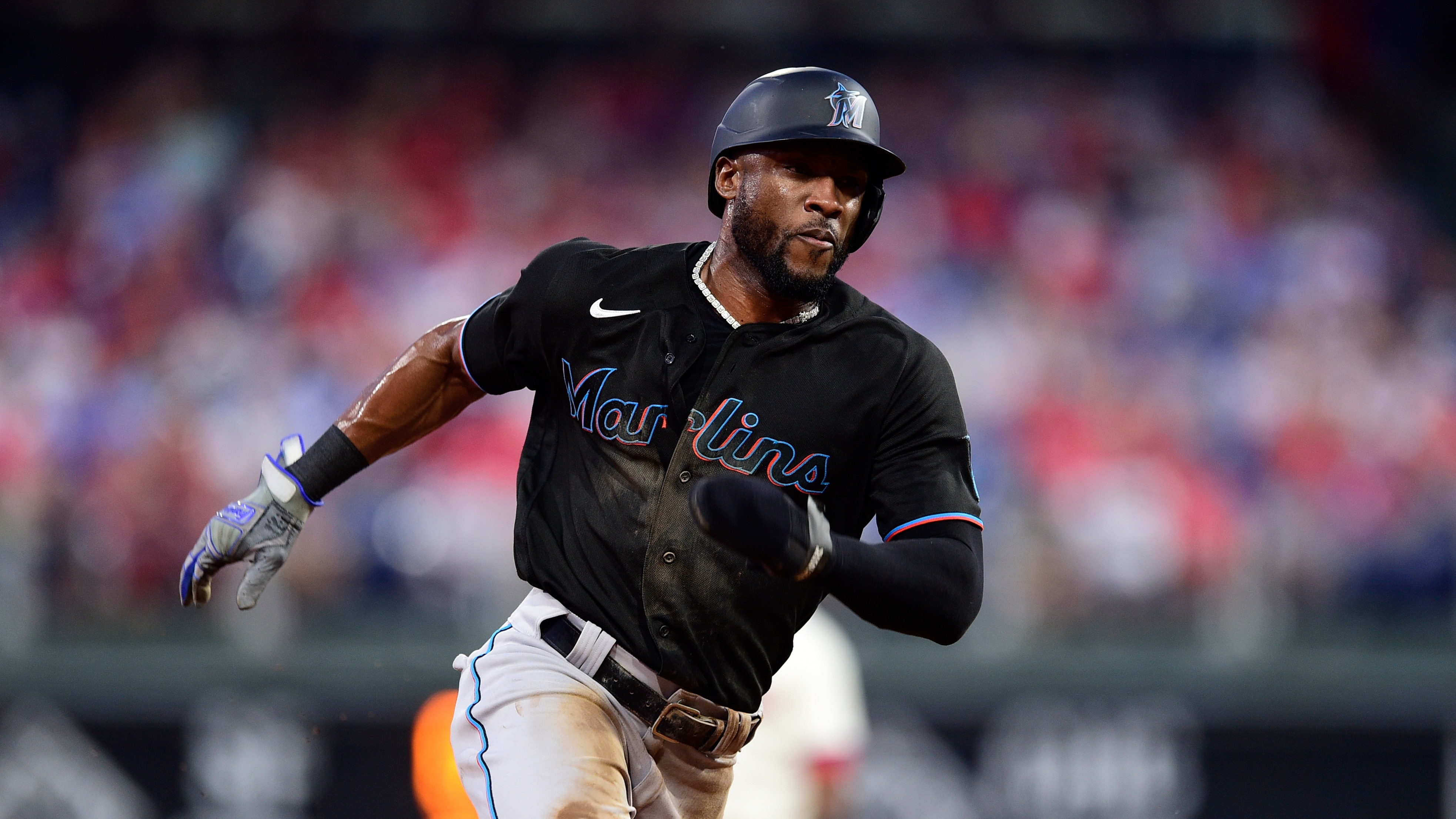 Miami Marlins' Starling Marte in action during a baseball game against the Philadelphia Phillies, Friday, July 16, 2021, in Philadelphia. (AP Photo/Derik Hamilton)