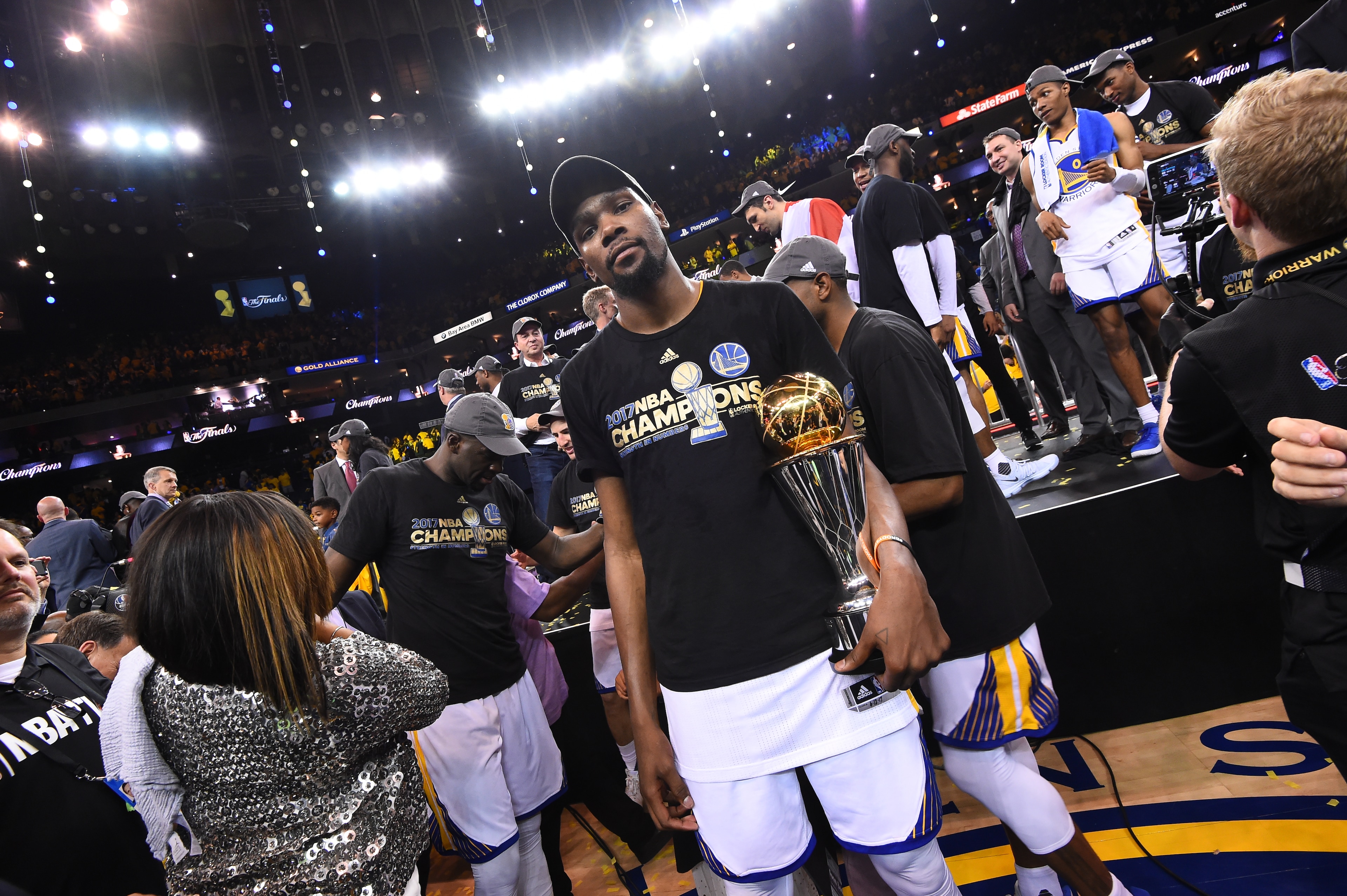 OAKLAND, CA - JUNE 12: NBA Finals MVP Kevin Durant #35 of the Golden State Warriors after winning the NBA Championship in Game Five against the Cleveland Cavaliers of the 2017 NBA Finals on June 12, 2017 at Oracle Arena in Oakland, California. NOTE TO USER: User expressly acknowledges and agrees that, by downloading and or using this photograph, user is consenting to the terms and conditions of Getty Images License Agreement. Mandatory Copyright Notice: Copyright 2017 NBAE (Photo by: Noah Graham/NBAE via Getty Images) OAKLAND, CA - JUNE 12: NBA Finals MVP Kevin Durant #35 of the Golden State Warriors after winning the NBA Championship in Game Five against the Cleveland Cavaliers of the 2017 NBA Finals on June 12, 2017 at Oracle Arena in Oakland, California. NOTE TO USER: User expressly acknowledges and agrees that, by downloading and or using this photograph, user is consenting to the terms and conditions of Getty Images License Agreement. Mandatory Copyright Notice: Copyright 2017 NBAE (Photo by: Noah Graham/NBAE via Getty Images)