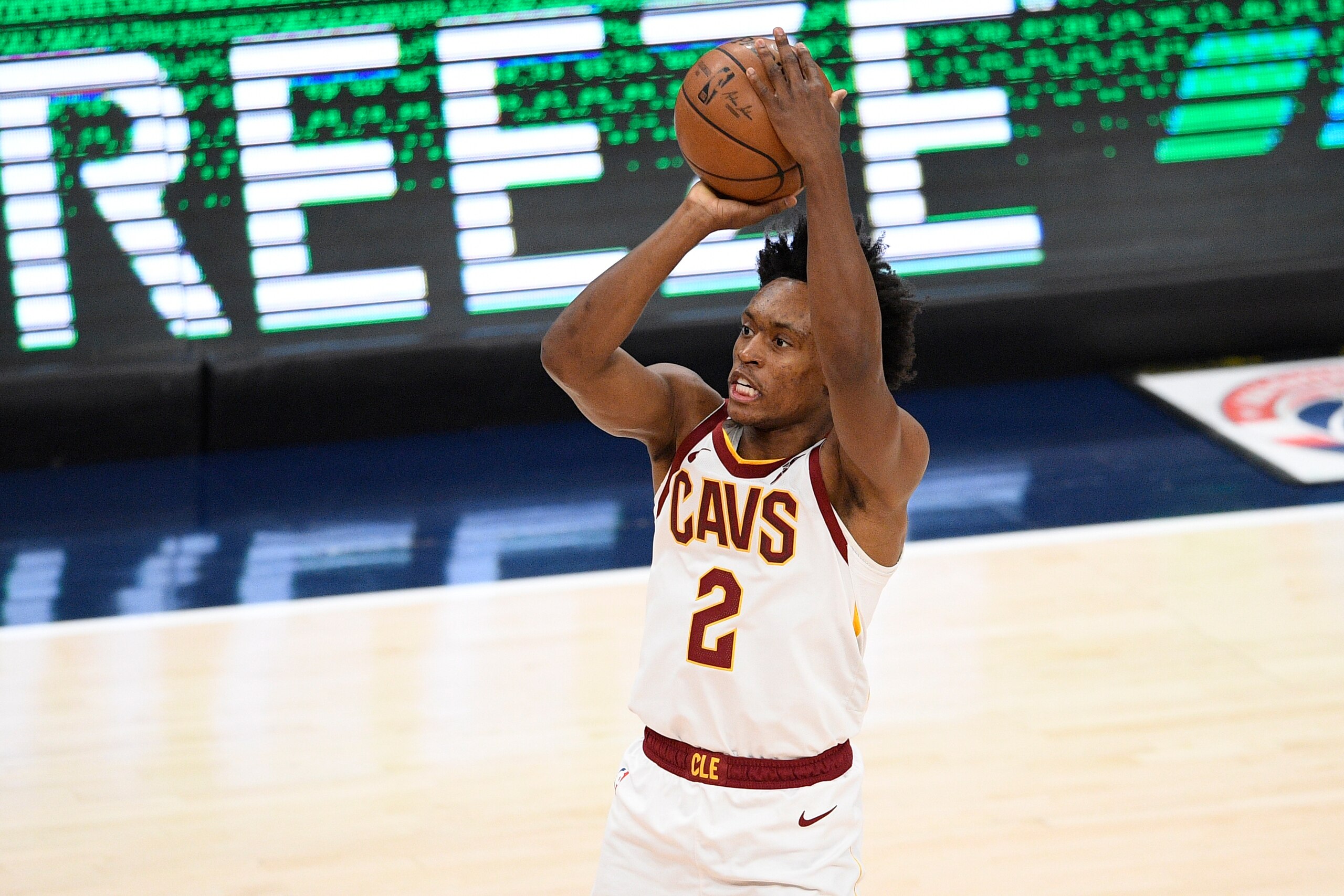 Cleveland Cavaliers guard Collin Sexton (2) shoots during the second half of an NBA basketball game against the Washington Wizards, Friday, May 14, 2021, in Washington. (AP Photo/Nick Wass)