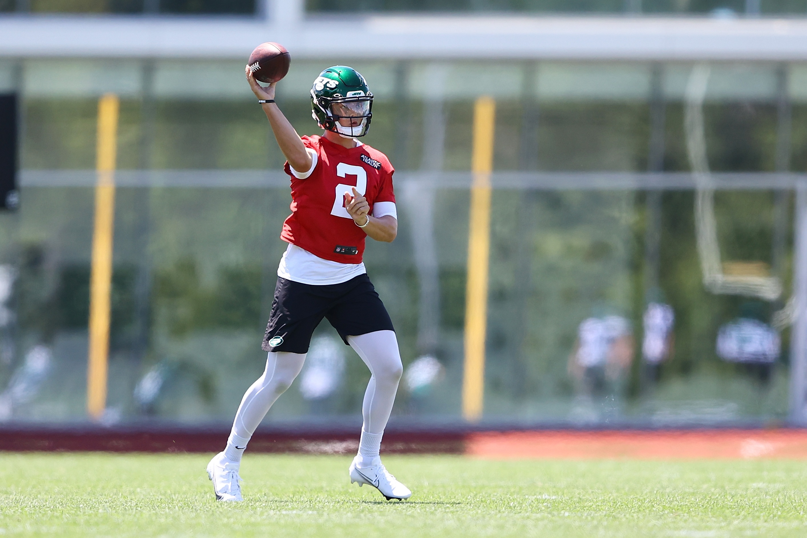 FLORHAM PARK, NEW JERSEY - JUNE 15: Zach Wilson #2 of the New York Jets runs drills during New York Jets Mandatory Minicamp on June 15, 2021 at Atlantic Health Jets Training Center in Florham Park, New Jersey. (Photo by Mike Stobe/Getty Images)