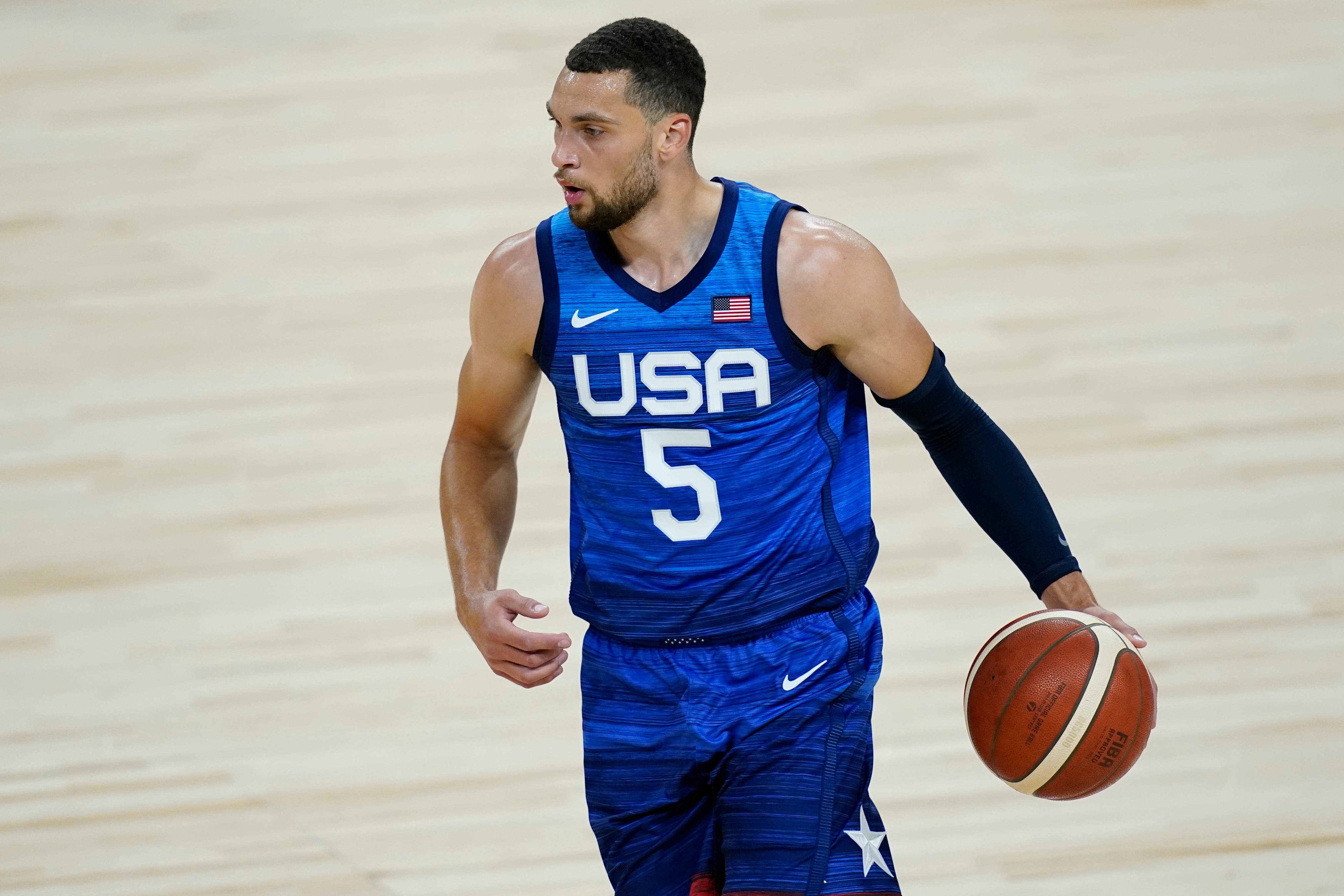 United States' Zach LaVine plays against Australia during an exhibition basketball game Monday, July 12, 2021, in Las Vegas. (AP Photo/John Locher)