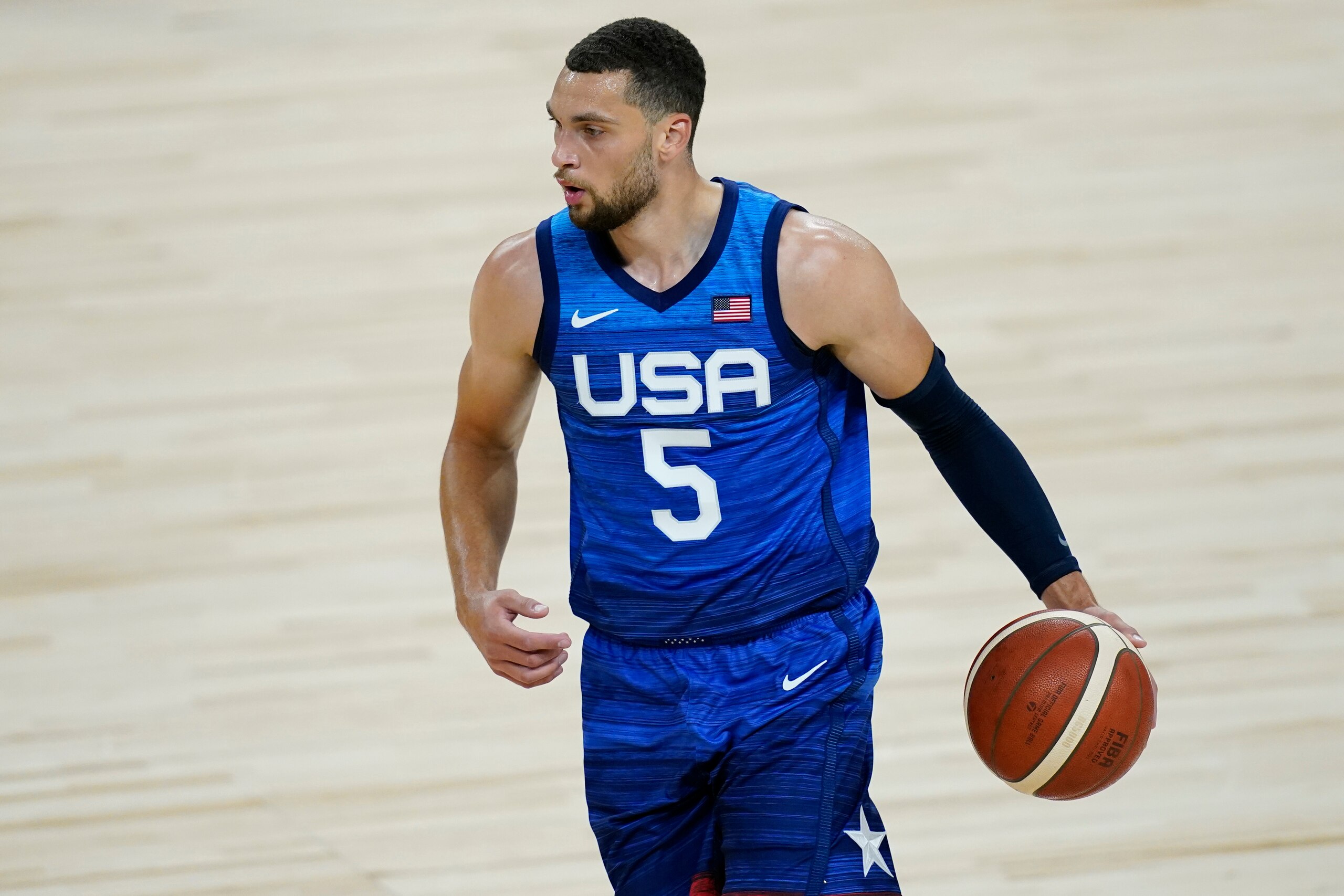 United States' Zach LaVine plays against Australia during an exhibition basketball game Monday, July 12, 2021, in Las Vegas. (AP Photo/John Locher)