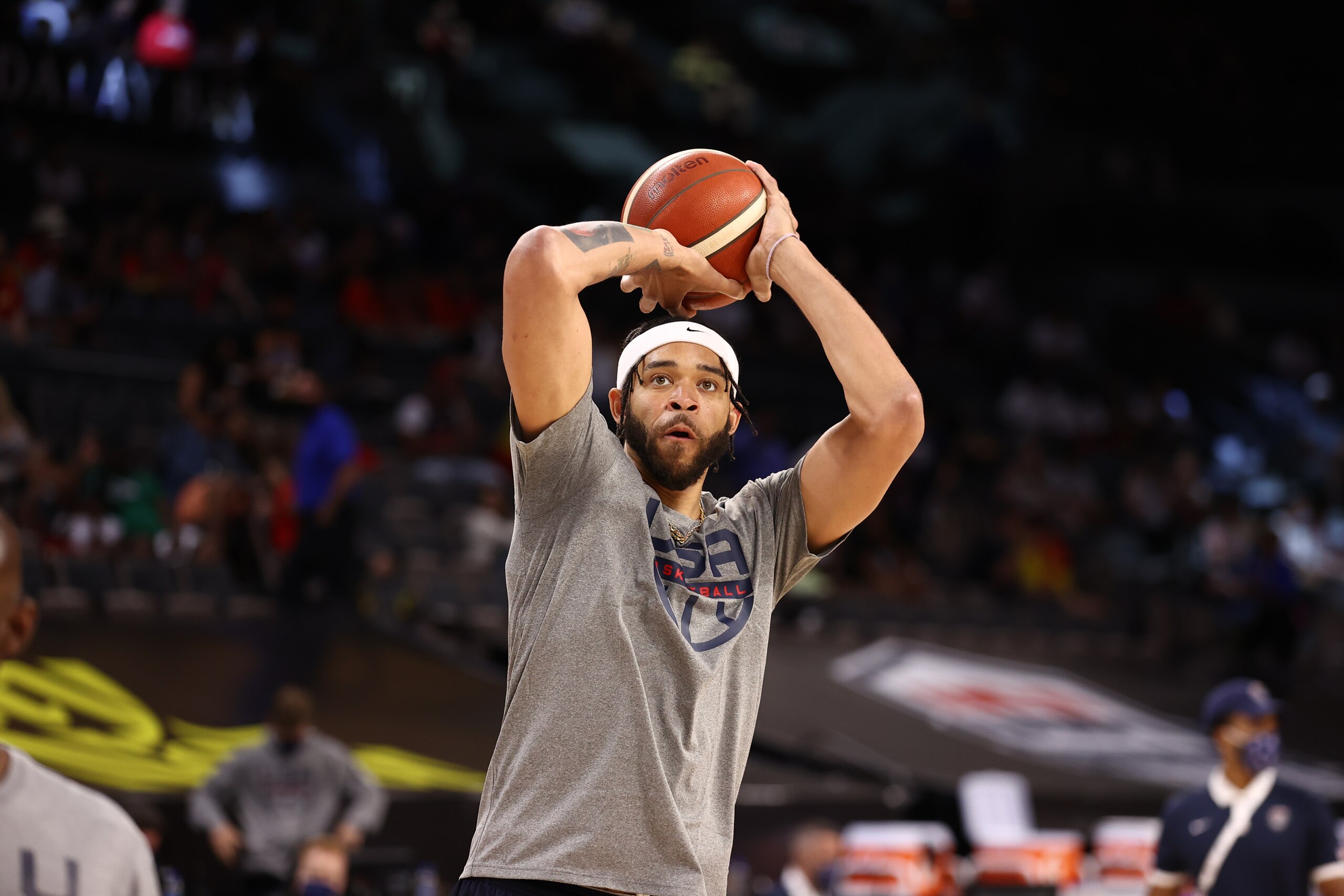 LAS VEGAS, NV -  JULY 18: JaVale McGee #11 of the USA Men's National Team warms up before the game against the Spain Men's National Team against the Spain Men's National Team on July 18, 2021 at Michelob ULTRA Arena in Las Vegas, Nevada. NOTE TO USER: User expressly acknowledges and agrees that, by downloading and or using this Photograph, user is consenting to the terms and conditions of the Getty Images License Agreement. Mandatory Copyright Notice: Copyright 2021 NBAE (Photo by Stephen Gosling/NBAE via Getty Images)