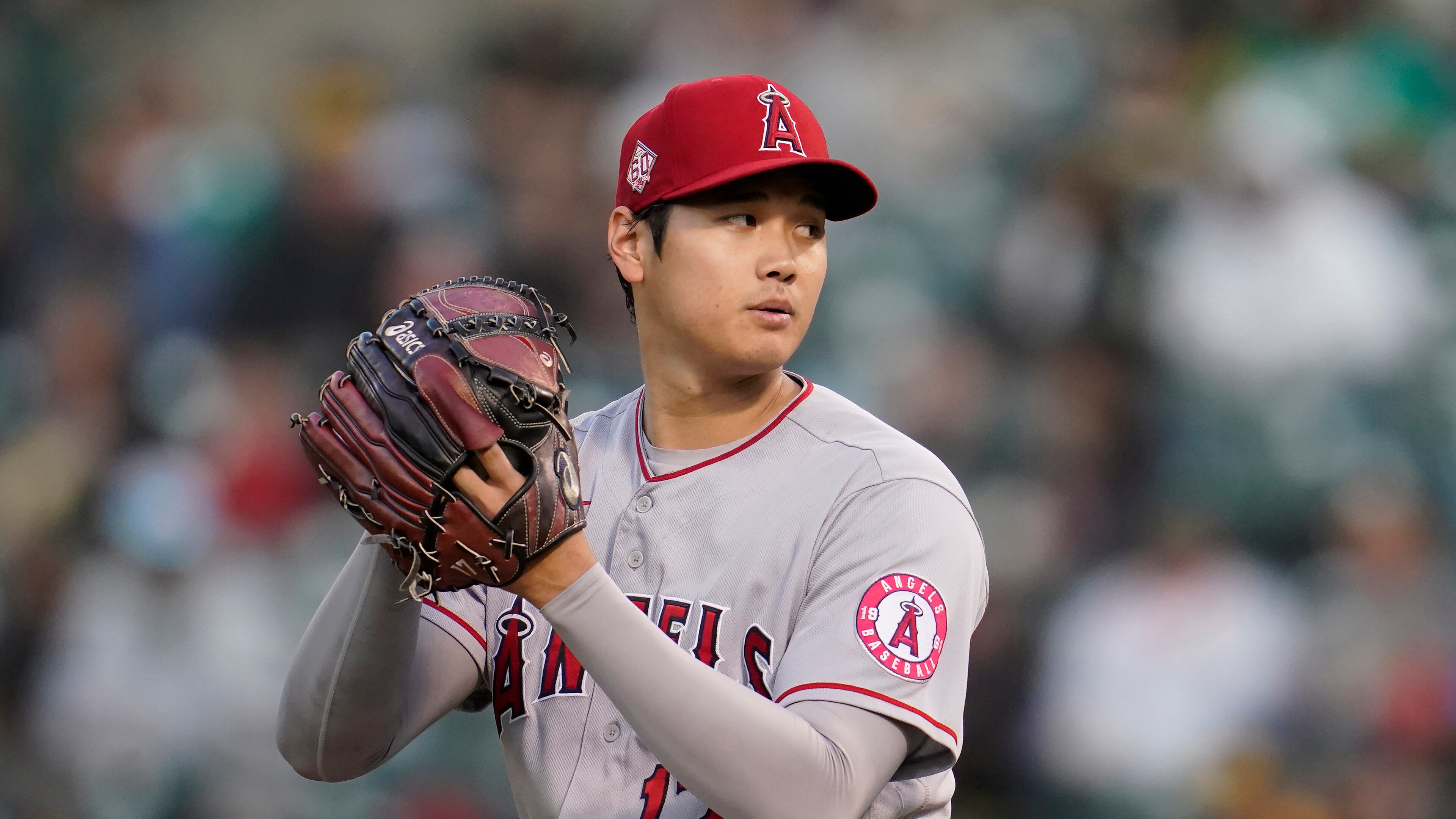 Los Angeles Angels' Shohei Ohtani during a baseball game against the Oakland Athletics in Oakland, Calif., Monday, July 19, 2021. (AP Photo/Jeff Chiu)