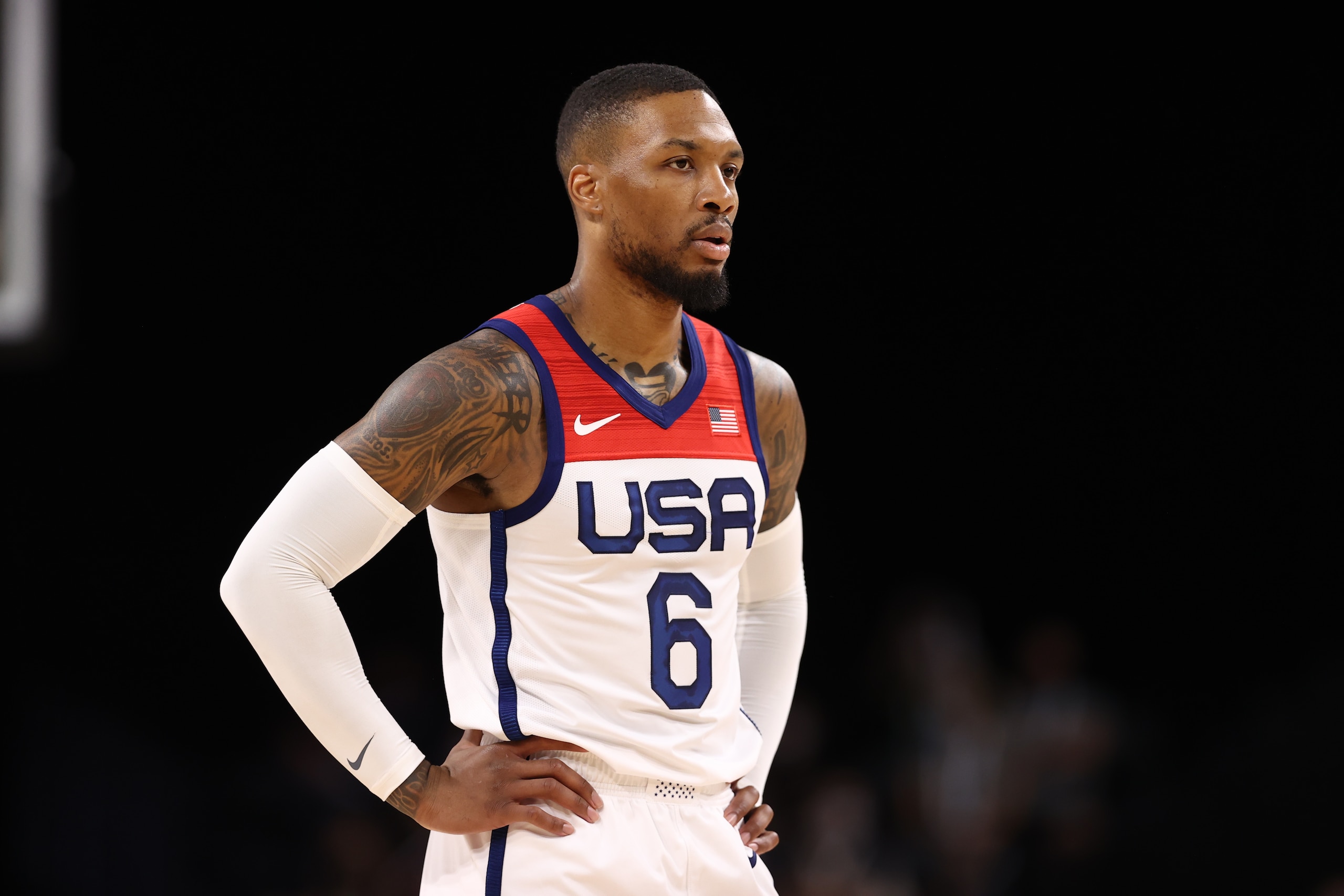 LAS VEGAS, NV -  JULY 18: Damian Lillard #6 of the USA Men's National Team looks on during the game against the Spain Men's National Team on July 18, 2021 at Michelob ULTRA Arena in Las Vegas, Nevada. NOTE TO USER: User expressly acknowledges and agrees that, by downloading and or using this Photograph, user is consenting to the terms and conditions of the Getty Images License Agreement. Mandatory Copyright Notice: Copyright 2021 NBAE (Photo by Stephen Gosling/NBAE via Getty Images)