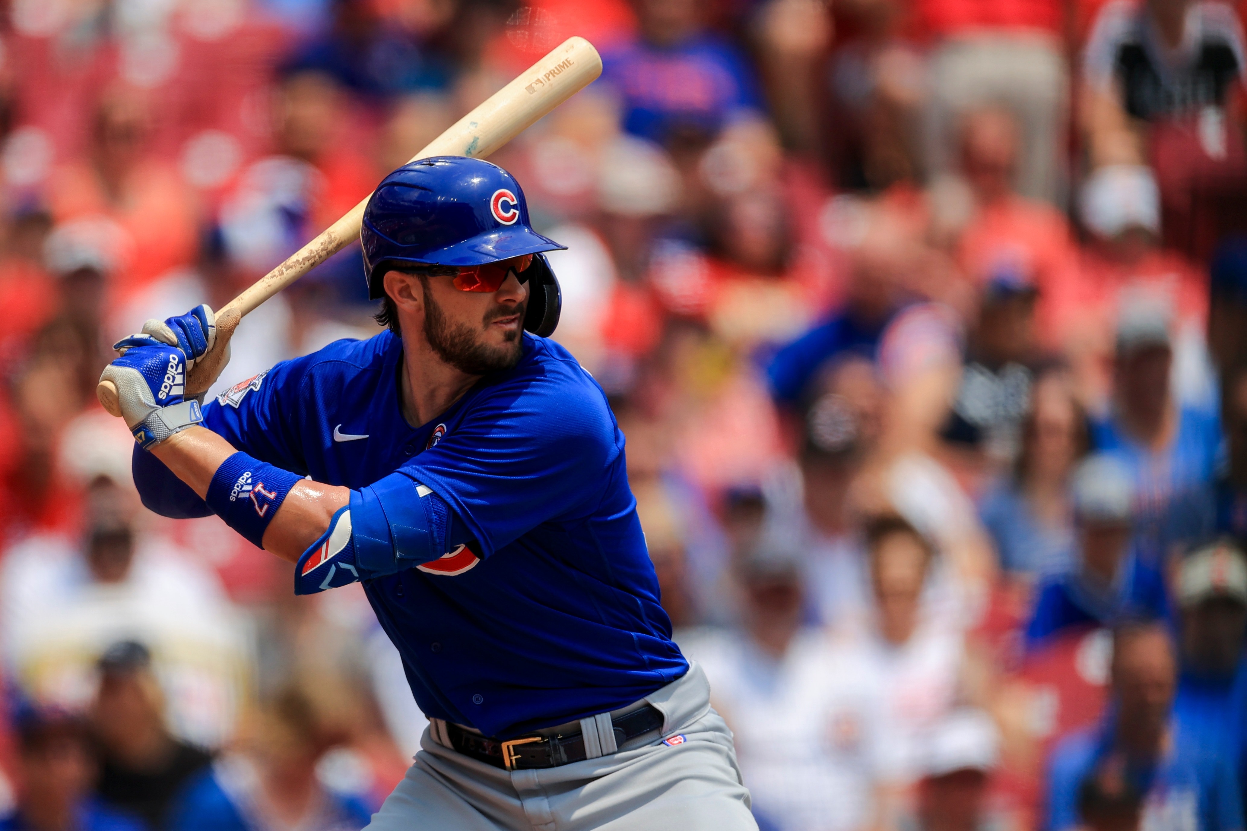 Chicago Cubs' Kris Bryant bats during a baseball game against the Cincinnati Reds in Cincinnati, Sunday, July 4, 2021. The Reds won 3-2. (AP Photo/Aaron Doster)