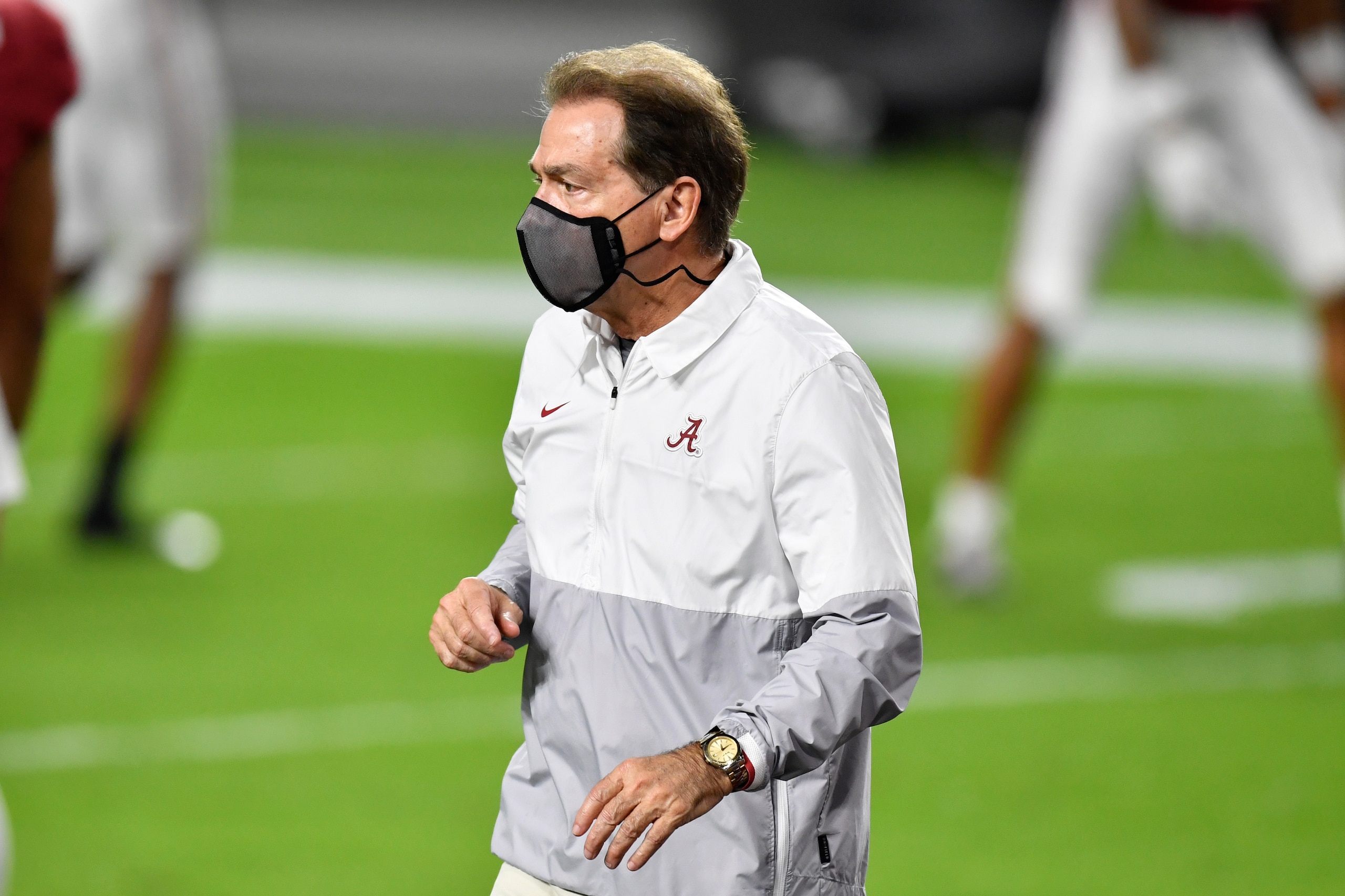MIAMI GARDENS, FLORIDA - JANUARY 11: Head coach Nick Saban of the Alabama Crimson Tide walks on the field before the College Football Playoff National Championship football game against the Ohio State Buckeyes at Hard Rock Stadium on January 11, 2021 in Miami Gardens, Florida. The Alabama Crimson Tide defeated the Ohio State Buckeyes 52-24. (Photo by Alika Jenner/Getty Images) MIAMI GARDENS, FLORIDA - JANUARY 11: Head coach Nick Saban of the Alabama Crimson Tide walks on the field before the College Football Playoff National Championship football game against the Ohio State Buckeyes at Hard Rock Stadium on January 11, 2021 in Miami Gardens, Florida. The Alabama Crimson Tide defeated the Ohio State Buckeyes 52-24. (Photo by Alika Jenner/Getty Images)