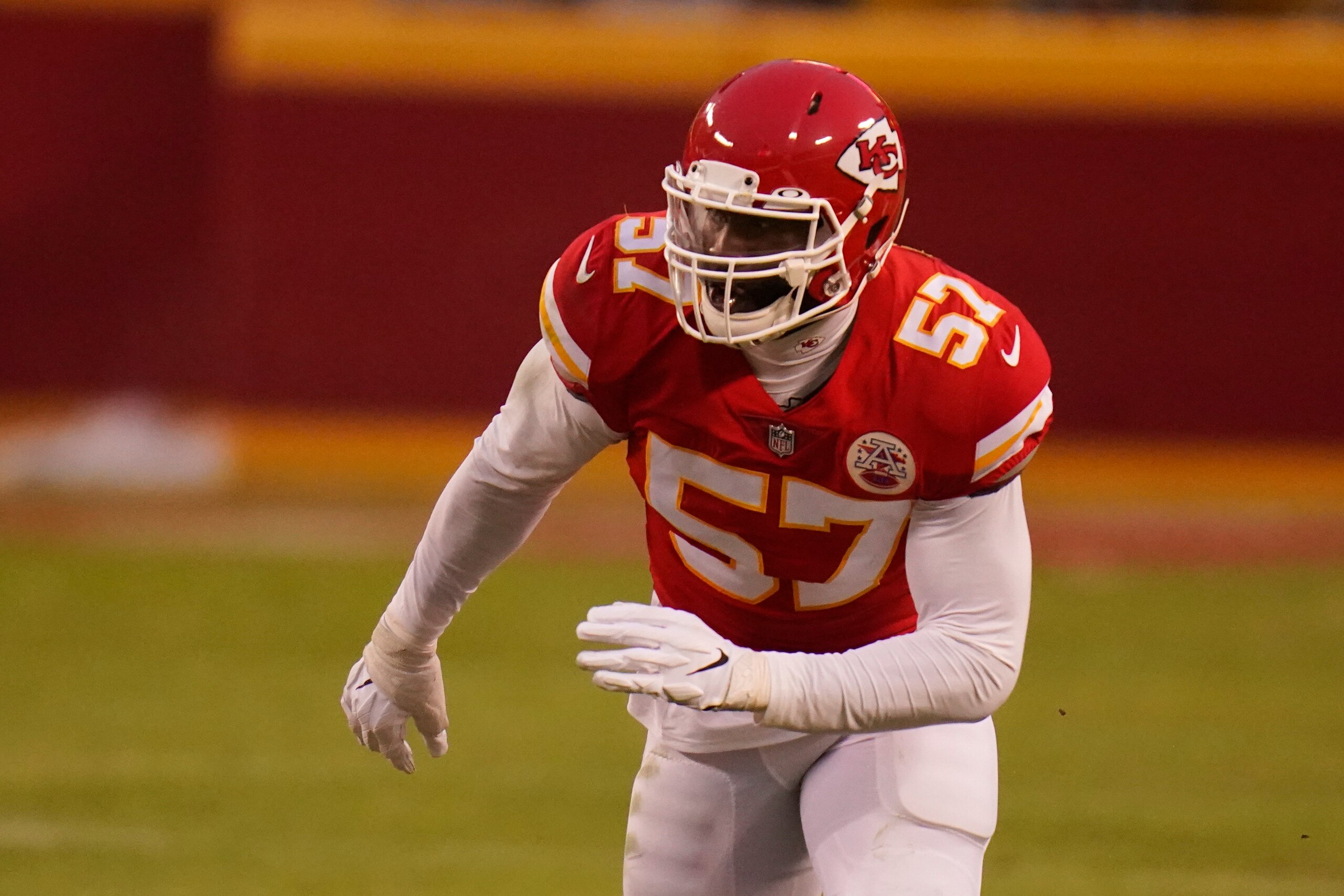 Kansas City Chiefs defensive end Alex Okafor runs up field during the first half of an NFL football game against the Los Angeles Chargers, Sunday, Jan. 3, 2021, in Kansas City. (AP Photo/Jeff Roberson)