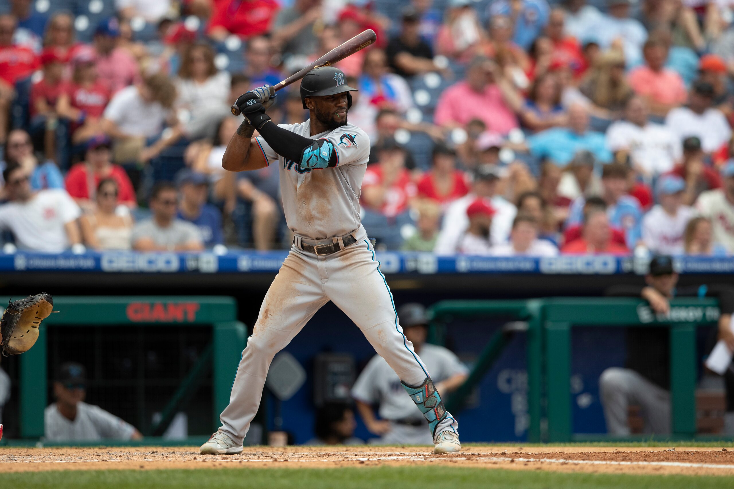 PHILADELPHIA, PA - JULY 18: Starling Marte #6 of the Miami Marlins bats against the Philadelphia Phillies at Citizens Bank Park on July 18, 2021 in Philadelphia, Pennsylvania. The Phillies defeated the Marlins 7-4. (Photo by Mitchell Leff/Getty Images)