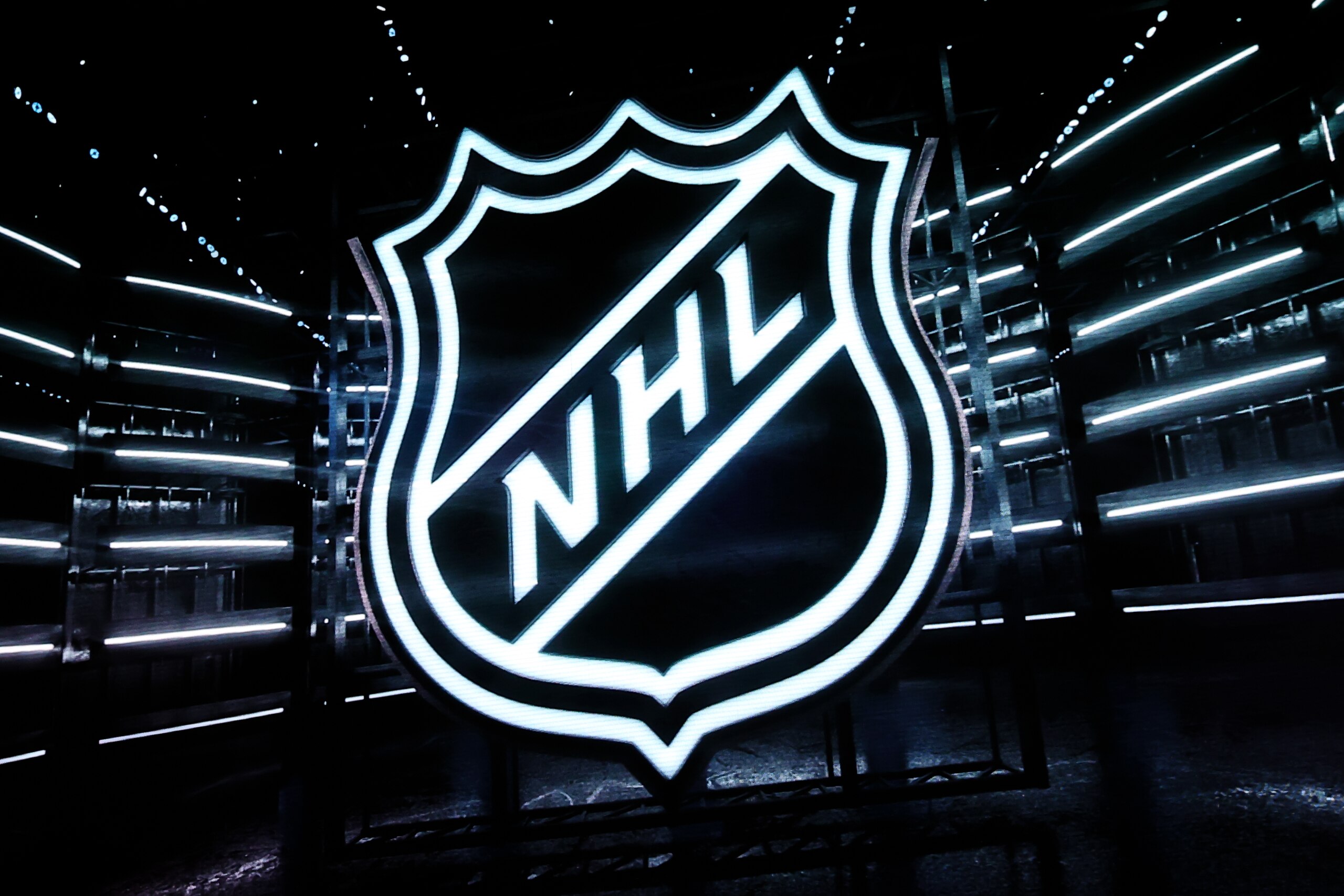NEWARK, NJ - MARCH 02: A general view of the NHL Logo on the scoreboard during the National Hockey League game between the New Jersey Devils and the New York Islanders on March 2, 2021 at the Prudential Center in Newark, NJ..(Photo by Rich Graessle/Icon Sportswire via Getty Images) NEWARK, NJ - MARCH 02: A general view of the NHL Logo on the scoreboard during the National Hockey League game between the New Jersey Devils and the New York Islanders on March 2, 2021 at the Prudential Center in Newark, NJ..(Photo by Rich Graessle/Icon Sportswire via Getty Images)
