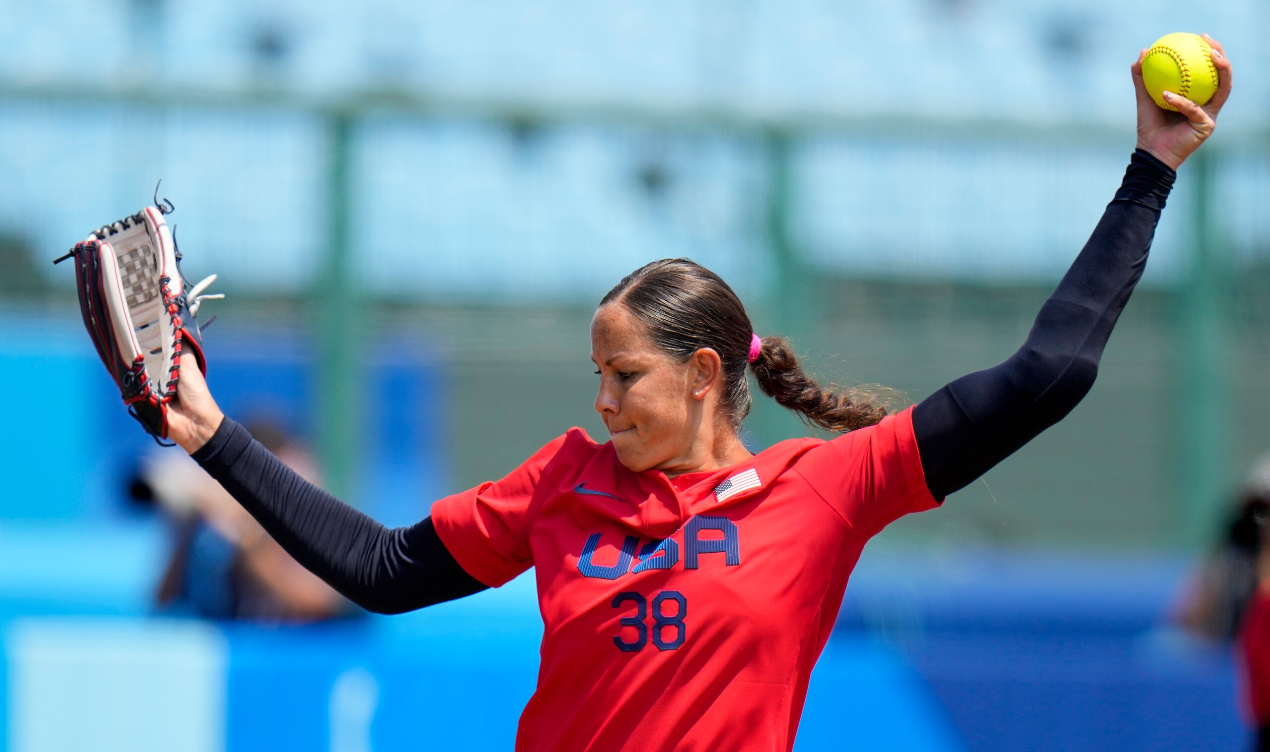 United States' Cat Osterman pitches during the softball game between Italy and the United States at the 2020 Summer Olympics, Wednesday, July 21, 2021, in Fukushima , Japan. (AP Photo/Jae C. Hong)