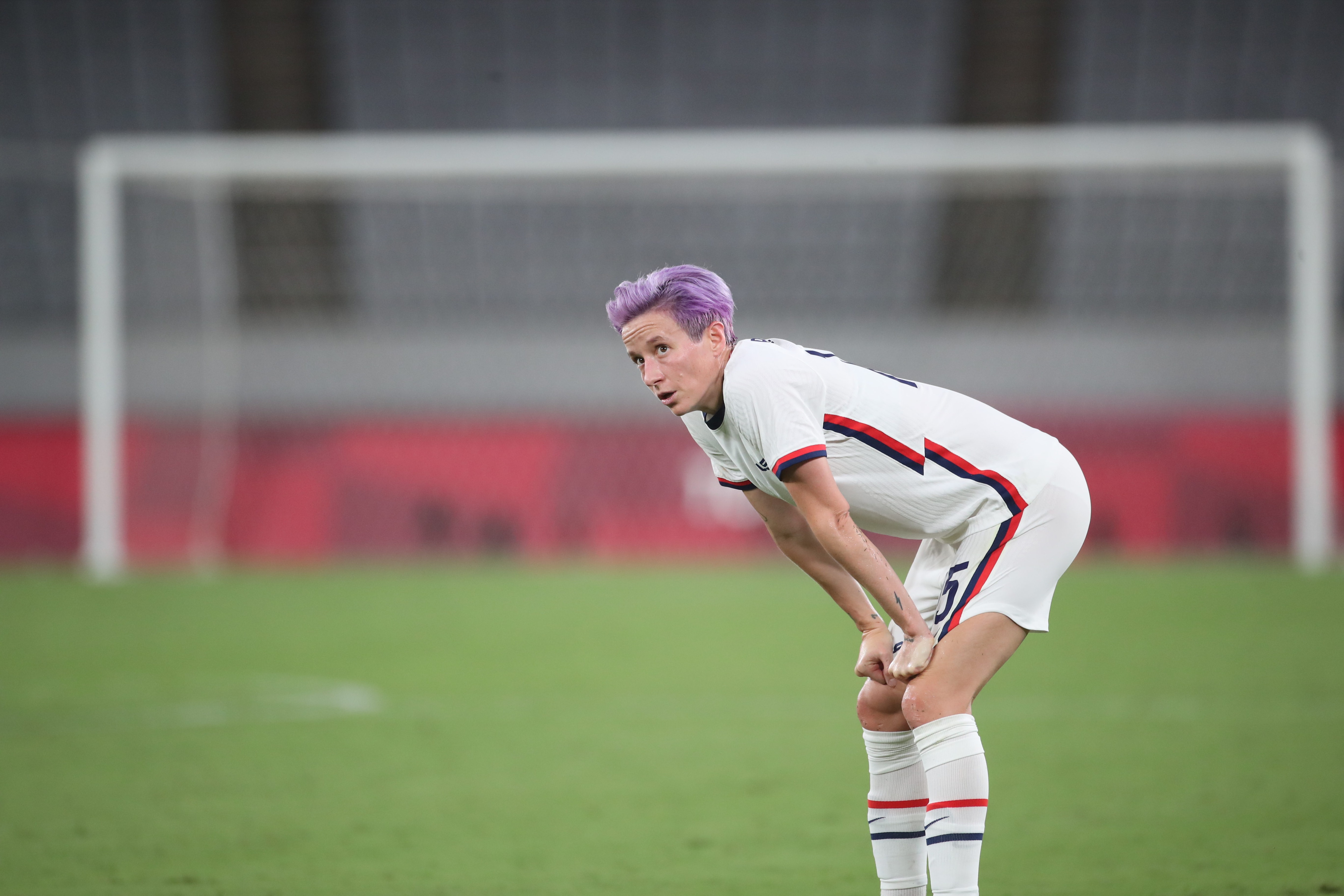 TOKYO, JAPAN - JULY 21:  Megan Rapinoe, 15, of the United States reacts during her sides 3-0 loss during the USA V Sweden group G women's football match at Tokyo Stadium during the Tokyo 2020 Olympic Games on July 21, 2021 in Tokyo, Japan. (Photo by Tim Clayton/Corbis via Getty Images)