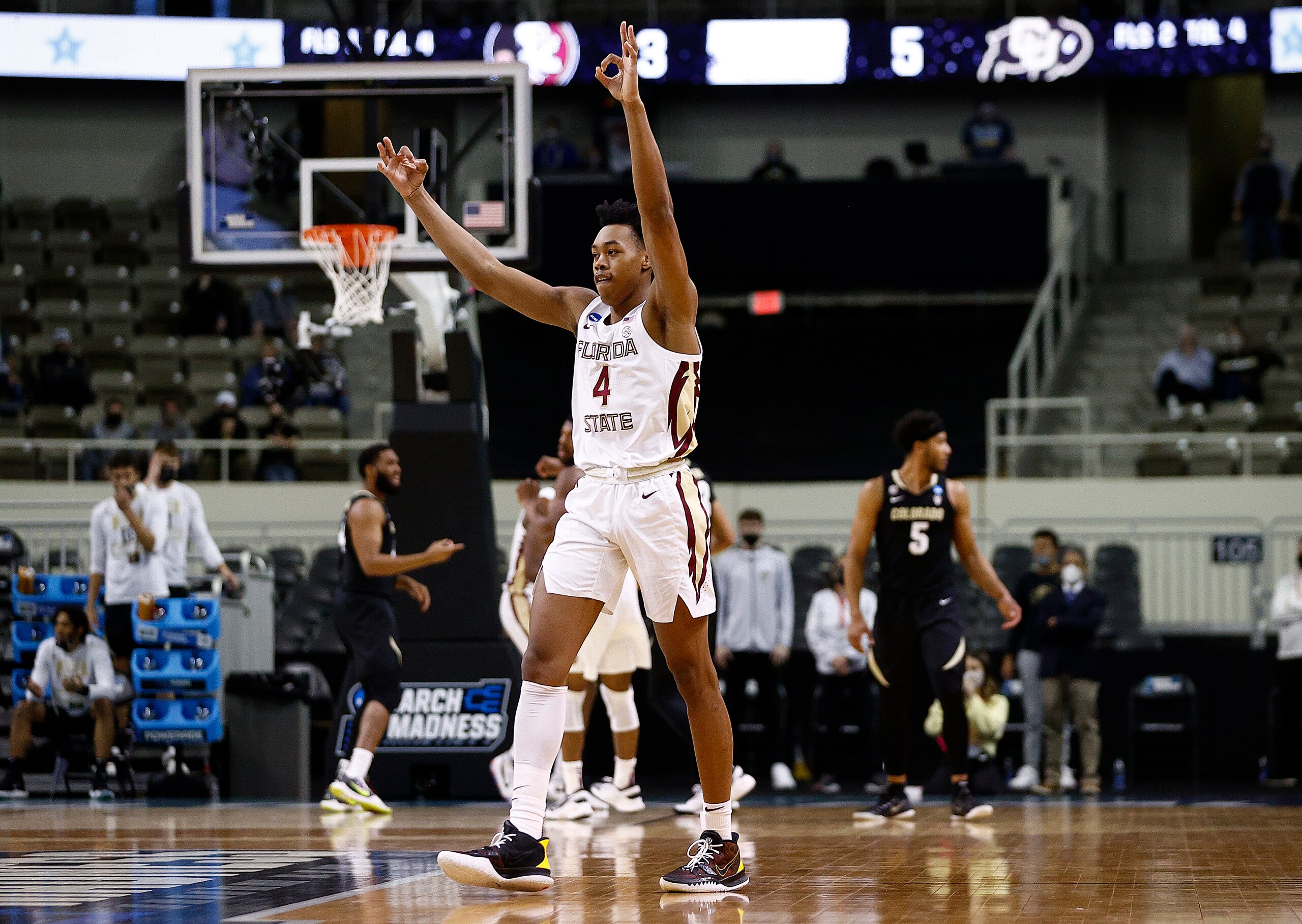 INDIANAPOLIS, INDIANA - MARCH 22: Scottie Barnes #4 of the Florida State Seminoles reacts to a three point basket during the first half against the Colorado Buffaloes in the second round game of the 2021 NCAA Men's Basketball Tournament at Indiana Farmers Coliseum on March 22, 2021 in Indianapolis, Indiana. (Photo by Maddie Meyer/Getty Images)