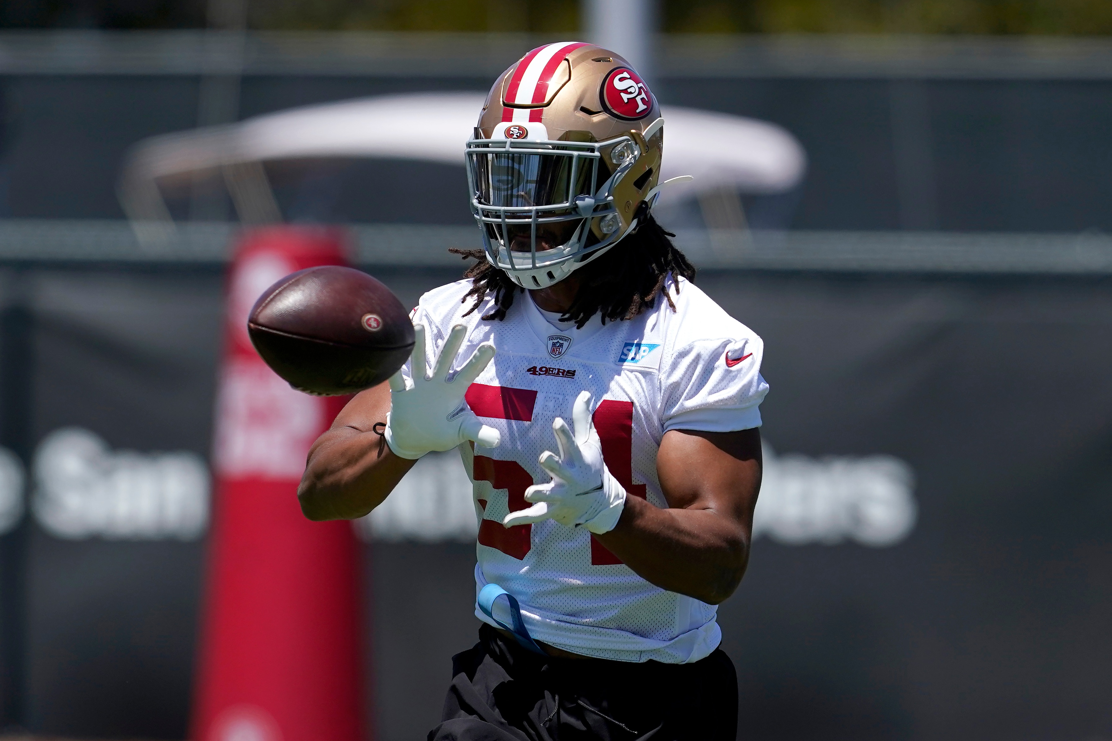 San Francisco 49ers linebacker Fred Warner at the team's NFL football training facility in Santa Clara, Calif., Tuesday, May 25, 2021. (AP Photo/Jeff Chiu)