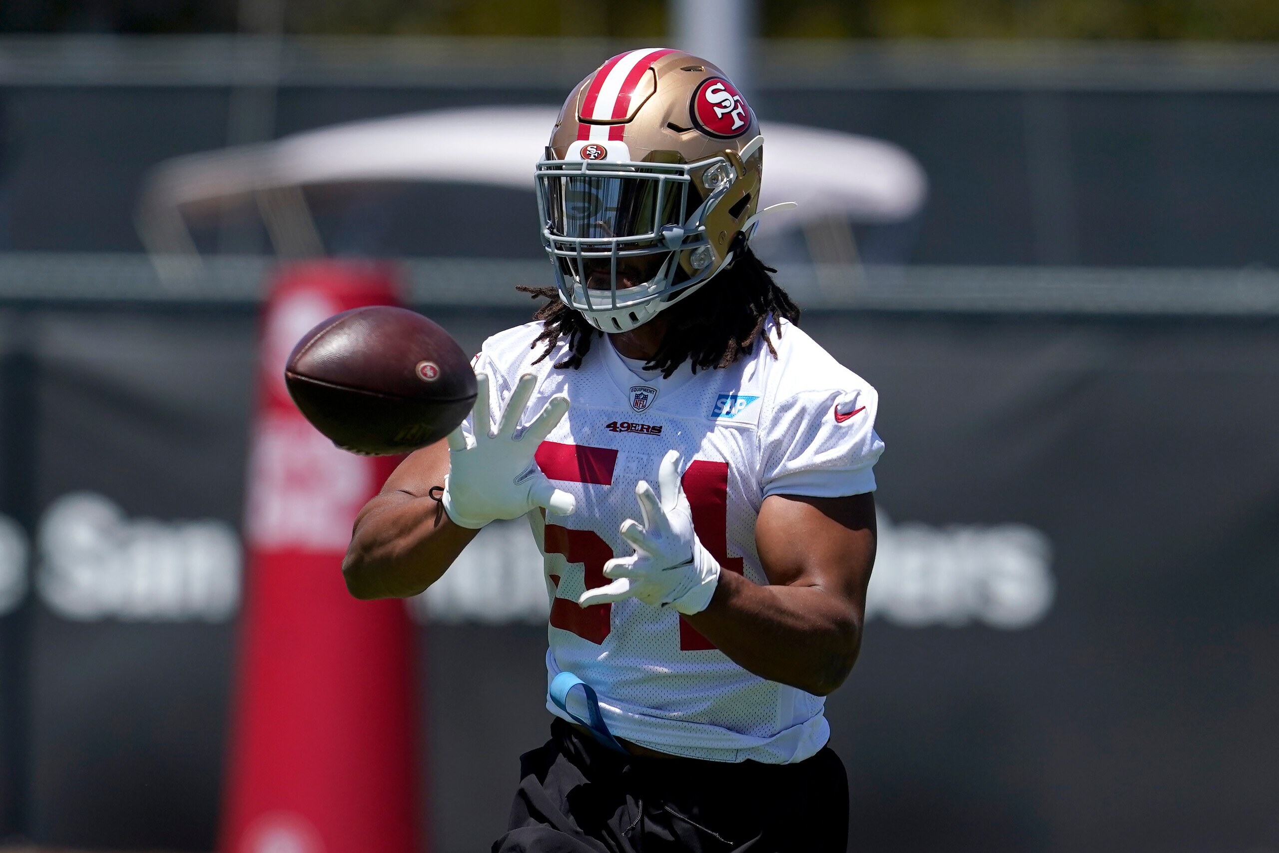 San Francisco 49ers linebacker Fred Warner at the team's NFL football training facility in Santa Clara, Calif., Tuesday, May 25, 2021. (AP Photo/Jeff Chiu) San Francisco 49ers linebacker Fred Warner at the team's NFL football training facility in Santa Clara, Calif., Tuesday, May 25, 2021. (AP Photo/Jeff Chiu)
