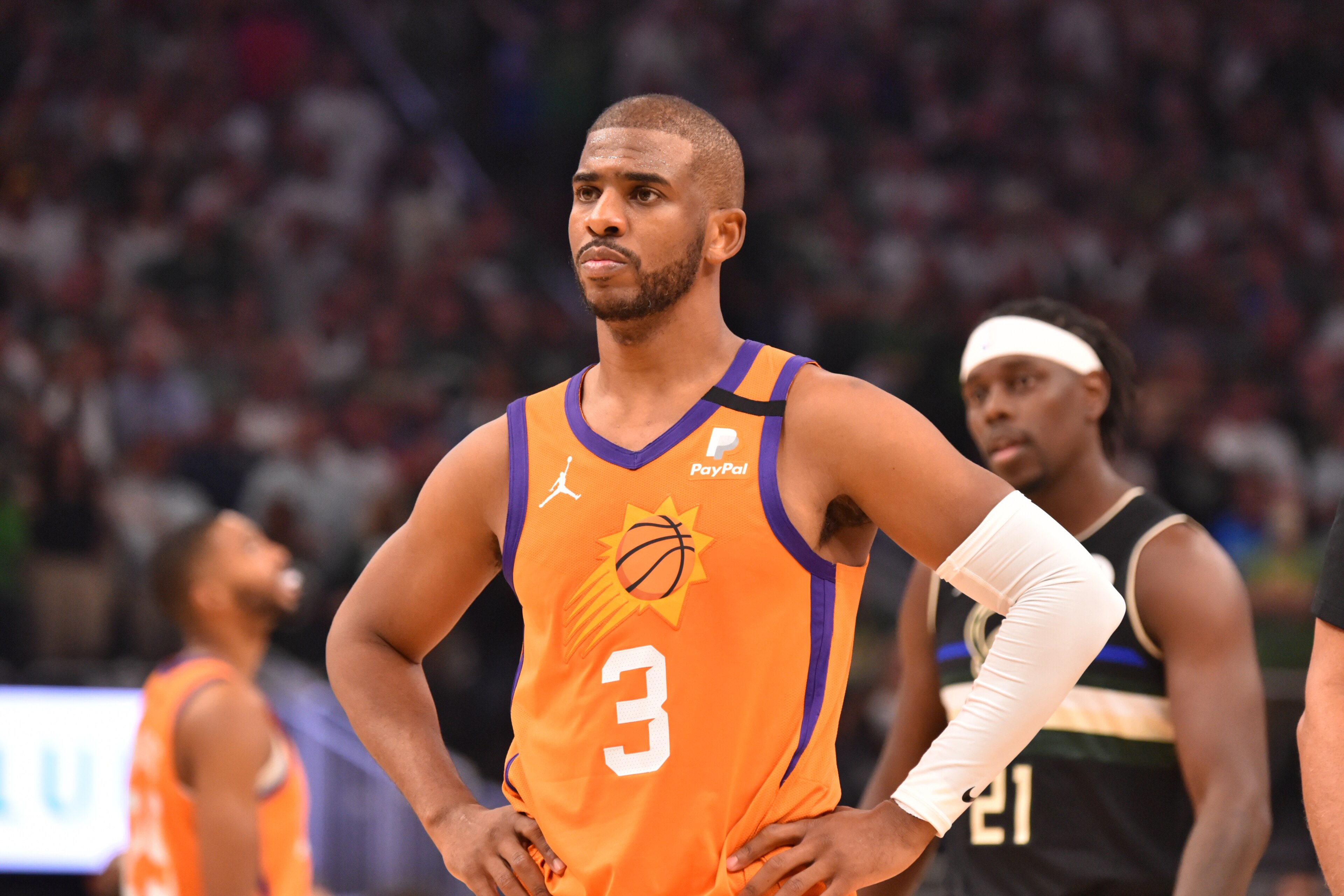 MILWAUKEE, WI - JULY 20: Chris Paul #3 of the Phoenix Suns looks on during Game Six of the 2021 NBA Finals on July 20, 2021 at Fiserv Forum in Milwaukee, Wisconsin. NOTE TO USER: User expressly acknowledges and agrees that, by downloading and/or using this Photograph, user is consenting to the terms and conditions of the Getty Images License Agreement. Mandatory Copyright Notice: Copyright 2021 NBAE (Photo by Jesse D. Garrabrant/NBAE via Getty Images) MILWAUKEE, WI - JULY 20: Chris Paul #3 of the Phoenix Suns looks on during Game Six of the 2021 NBA Finals on July 20, 2021 at Fiserv Forum in Milwaukee, Wisconsin. NOTE TO USER: User expressly acknowledges and agrees that, by downloading and/or using this Photograph, user is consenting to the terms and conditions of the Getty Images License Agreement. Mandatory Copyright Notice: Copyright 2021 NBAE (Photo by Jesse D. Garrabrant/NBAE via Getty Images)
