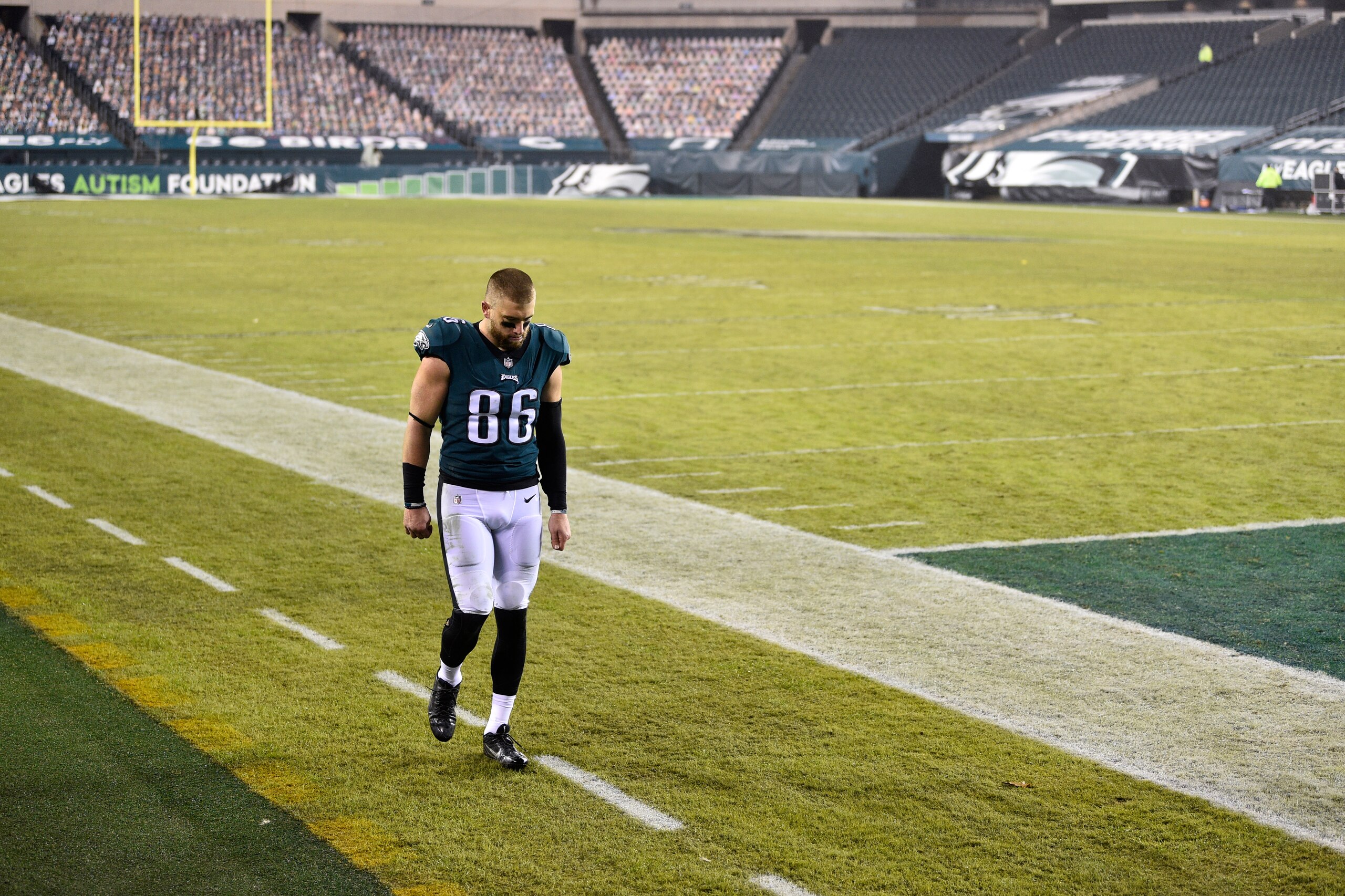 Philadelphia Eagles' Zach Ertz walks to the locker room after an NFL football game against the Washington Football Team, Sunday, Jan. 3, 2021, in Philadelphia. (AP Photo/Derik Hamilton)
