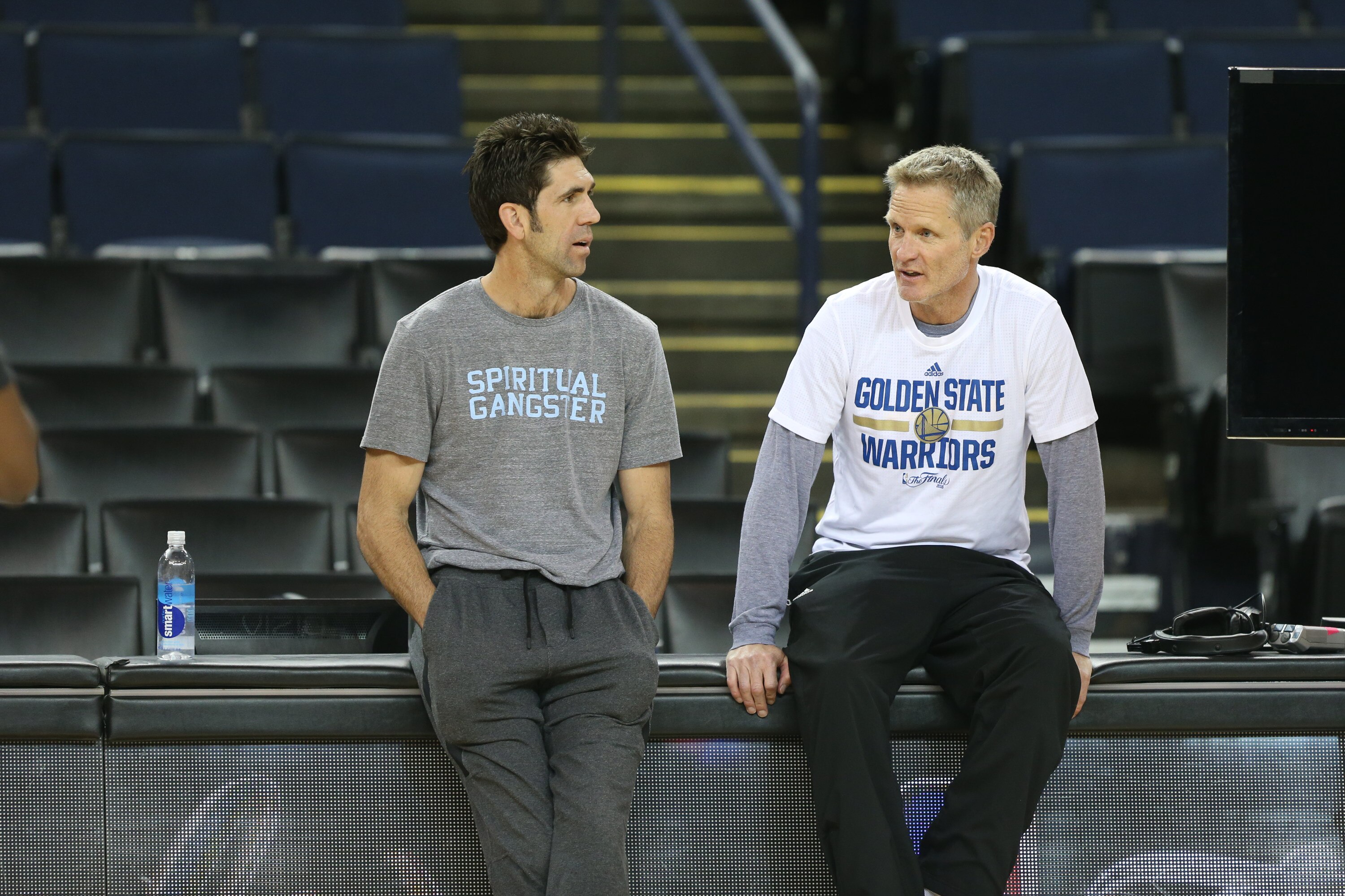 OAKLAND, CA - JUNE 18: General Manager Bob Myers and Head Coach Steve Kerr of the Golden State Warriors during practice and media availability as part of the 2016 NBA Finals on June 18, 2016 at ORACLE Arena in Oakland, California. NOTE TO USER: User expressly acknowledges and agrees that, by downloading and or using this photograph, User is consenting to the terms and conditions of the Getty Images License Agreement. Mandatory Copyright Notice: Copyright 2016 NBAE (Photo by Joe Murphy/NBAE via Getty Images)