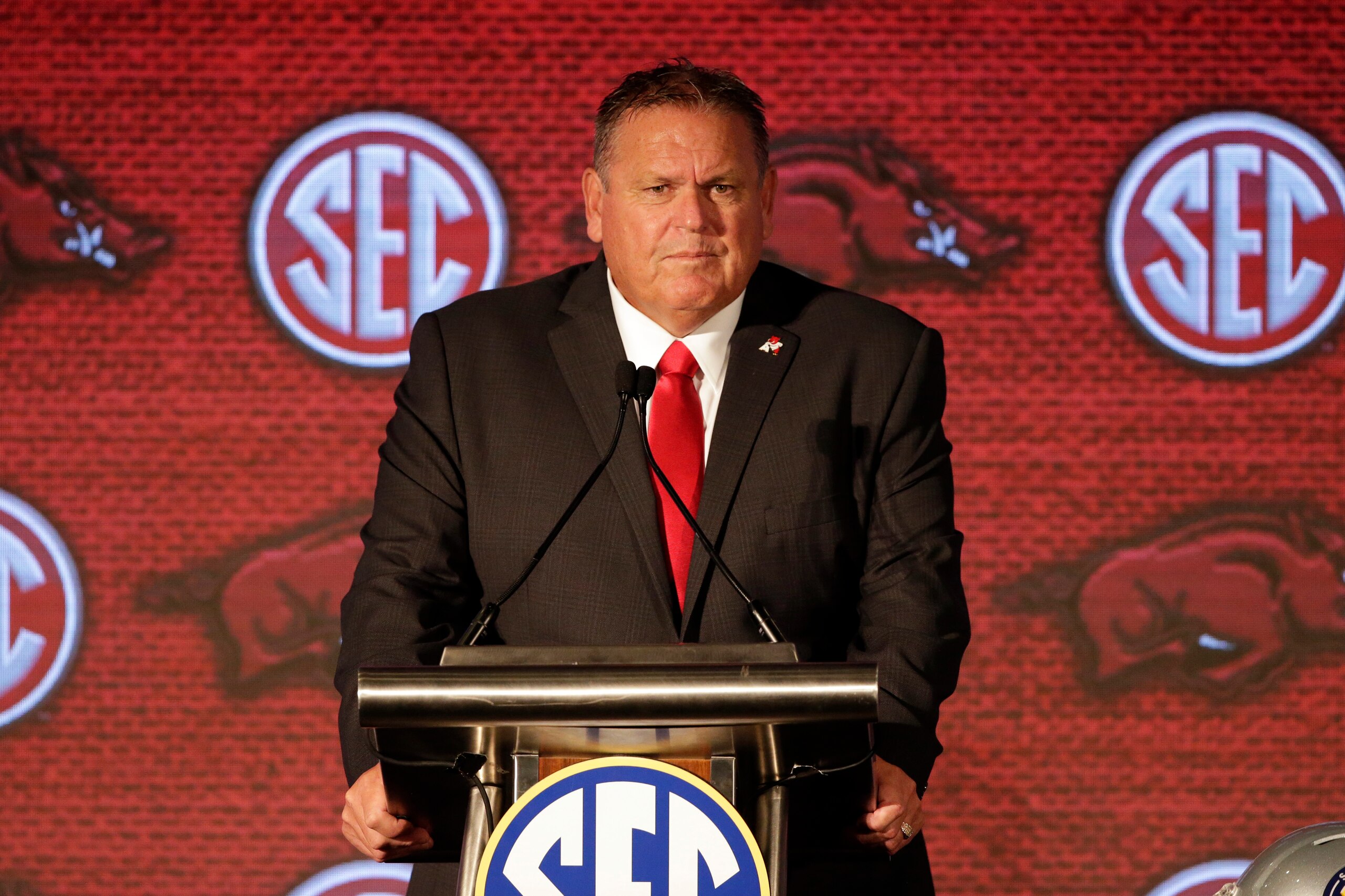 Arkansas head coach Sam Pittman speaks to reporters during an NCAA college football news conference at the Southeastern Conference media days, Thursday, July 22, 2021, in Hoover, Ala. (AP Photo/Butch Dill)