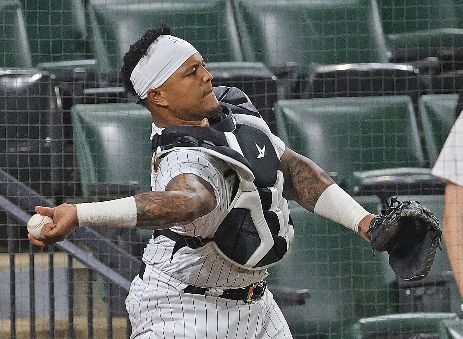 CHICAGO, ILLINOIS - JUNE 30: Yermin Mercedes #73 of the Chicago White Sox throws the ball to the infield after making a catch in the 9th inning against the Minnesota Twins at Guaranteed Rate Field on June 30, 2021 in Chicago, Illinois. The White Sox defeated the Twins 13-3. (Photo by Jonathan Daniel/Getty Images)