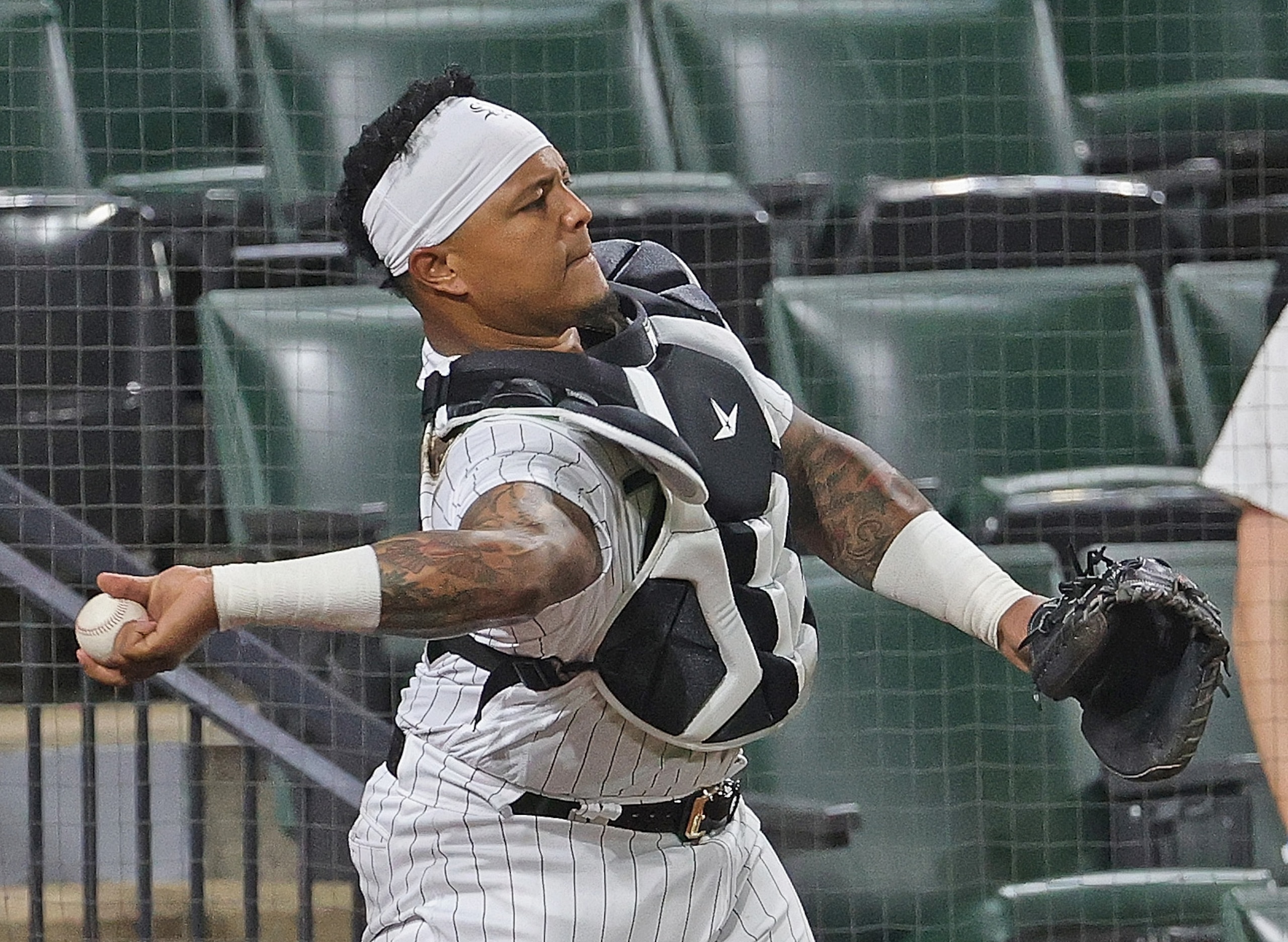 CHICAGO, ILLINOIS - JUNE 30: Yermin Mercedes #73 of the Chicago White Sox throws the ball to the infield after making a catch in the 9th inning against the Minnesota Twins at Guaranteed Rate Field on June 30, 2021 in Chicago, Illinois. The White Sox defeated the Twins 13-3. (Photo by Jonathan Daniel/Getty Images)