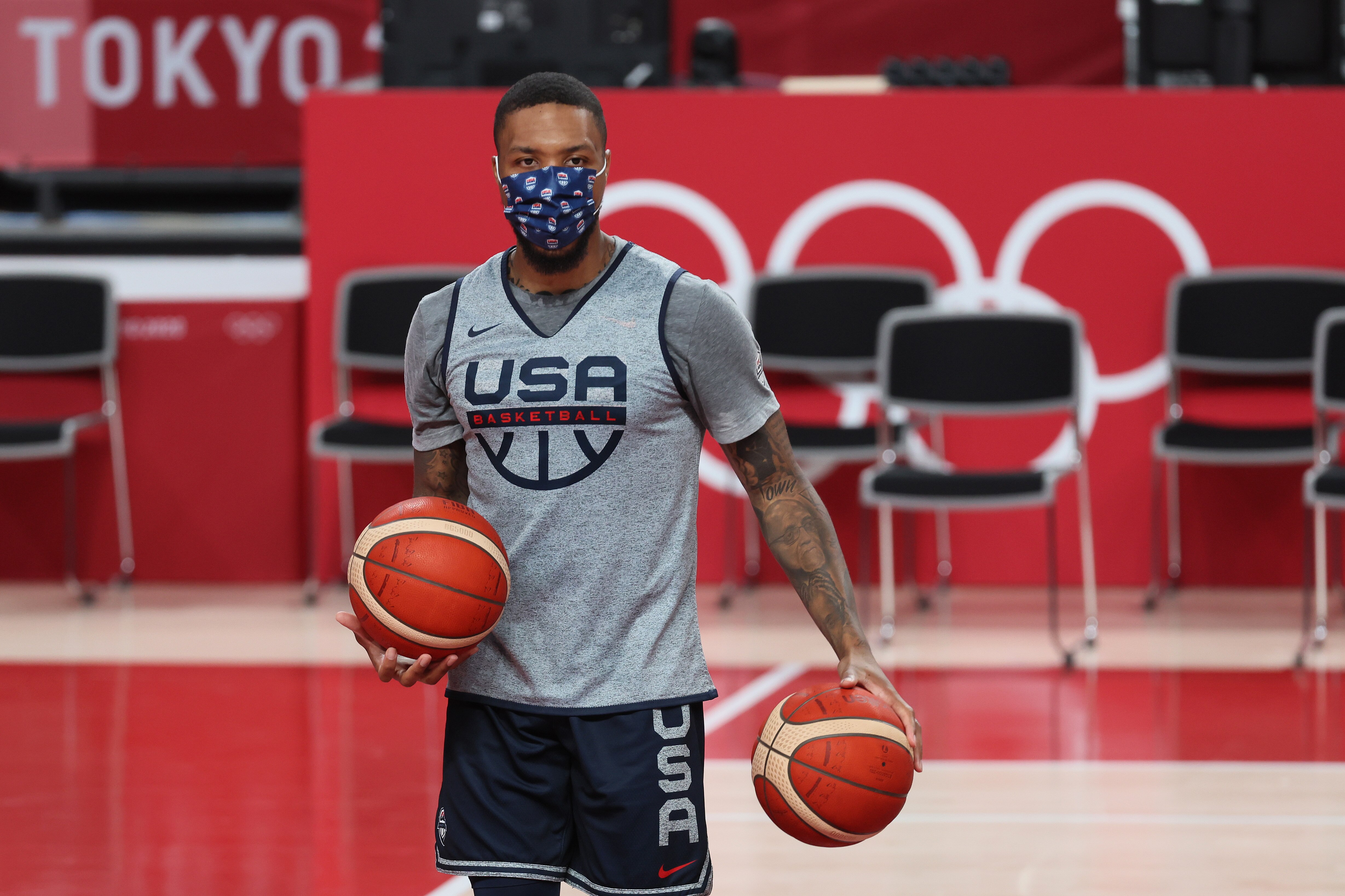 TOKYO, JAPAN - JULY 22: Damian Lillard #6 of team USA practices at Saitama Super Arena ahead of the Tokyo 2020 Olympic Games on July 22, 2021 in Tokyo, Japan. (Photo by Gregory Shamus/Getty Images)