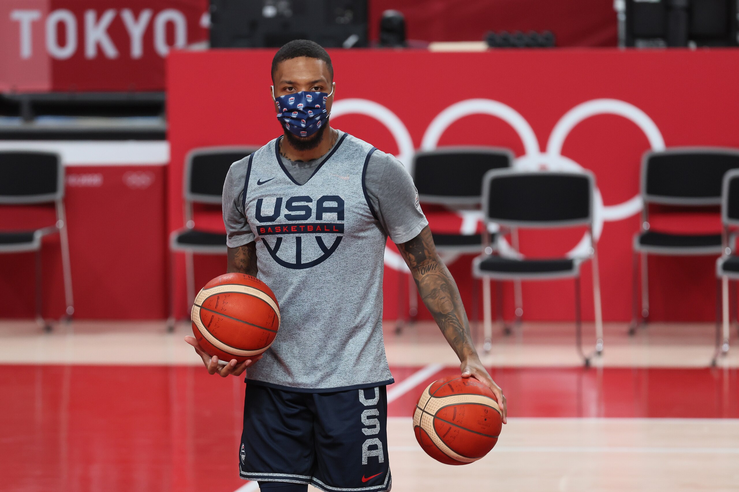 TOKYO, JAPAN - JULY 22: Damian Lillard #6 of team USA practices at Saitama Super Arena ahead of the Tokyo 2020 Olympic Games on July 22, 2021 in Tokyo, Japan. (Photo by Gregory Shamus/Getty Images)