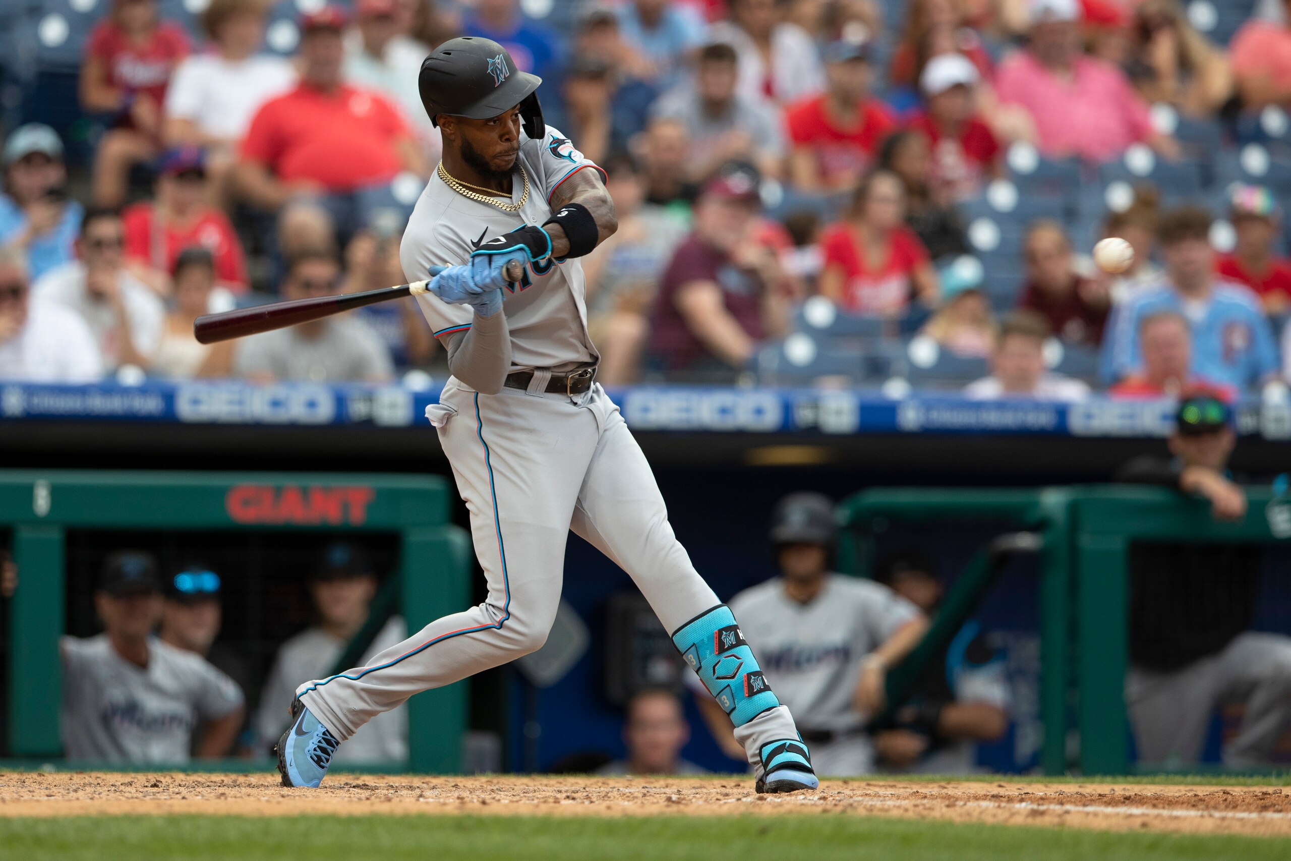 PHILADELPHIA, PA - JULY 18: Monte Harrison #3 of the Miami Marlins bats against the Philadelphia Phillies at Citizens Bank Park on July 18, 2021 in Philadelphia, Pennsylvania. The Phillies defeated the Marlins 7-4. (Photo by Mitchell Leff/Getty Images)