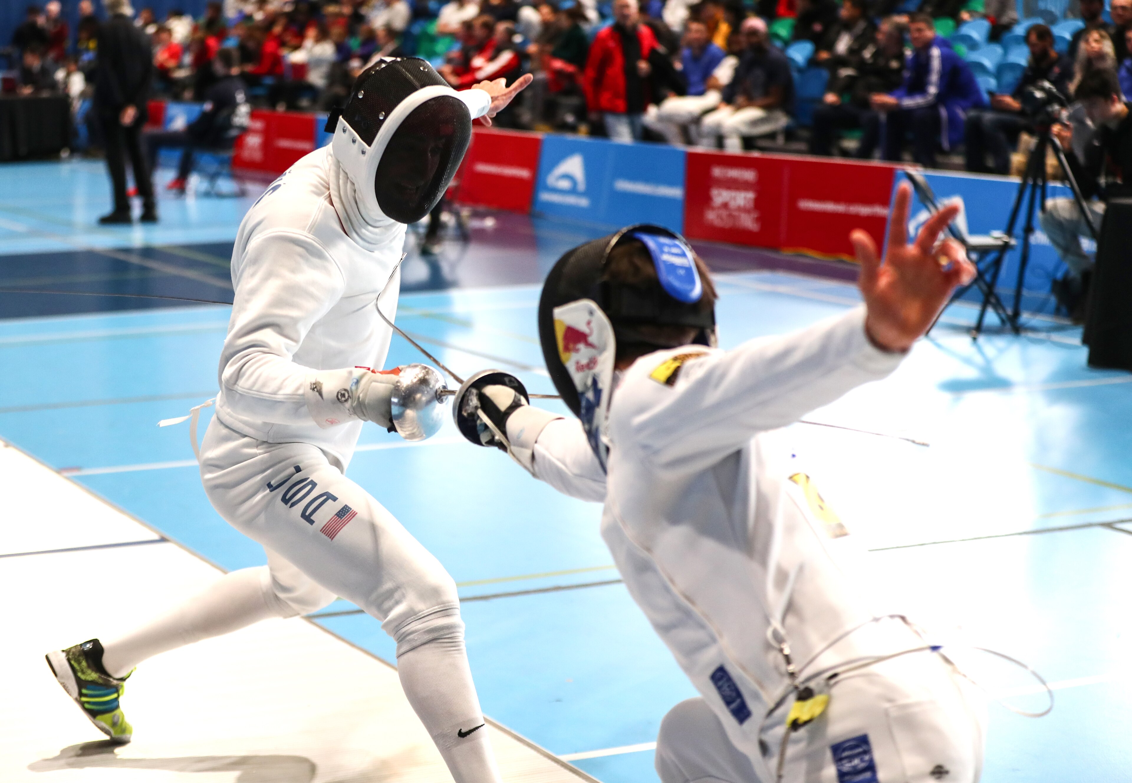 RICHMOND, CANADA - FEBRUARY 8: Alen Hadzic of the USA (left) fences Max Heinzer of Switzerland during the individual finals at the Peter Bakonyi Men's Epee World Cup on February 8 2020 at the Richmond Olympic Oval in Richmond, Canada. (Photo by Devin Manky/Getty Images) RICHMOND, CANADA - FEBRUARY 8: Alen Hadzic of the USA (left) fences Max Heinzer of Switzerland during the individual finals at the Peter Bakonyi Men's Epee World Cup on February 8 2020 at the Richmond Olympic Oval in Richmond, Canada. (Photo by Devin Manky/Getty Images)
