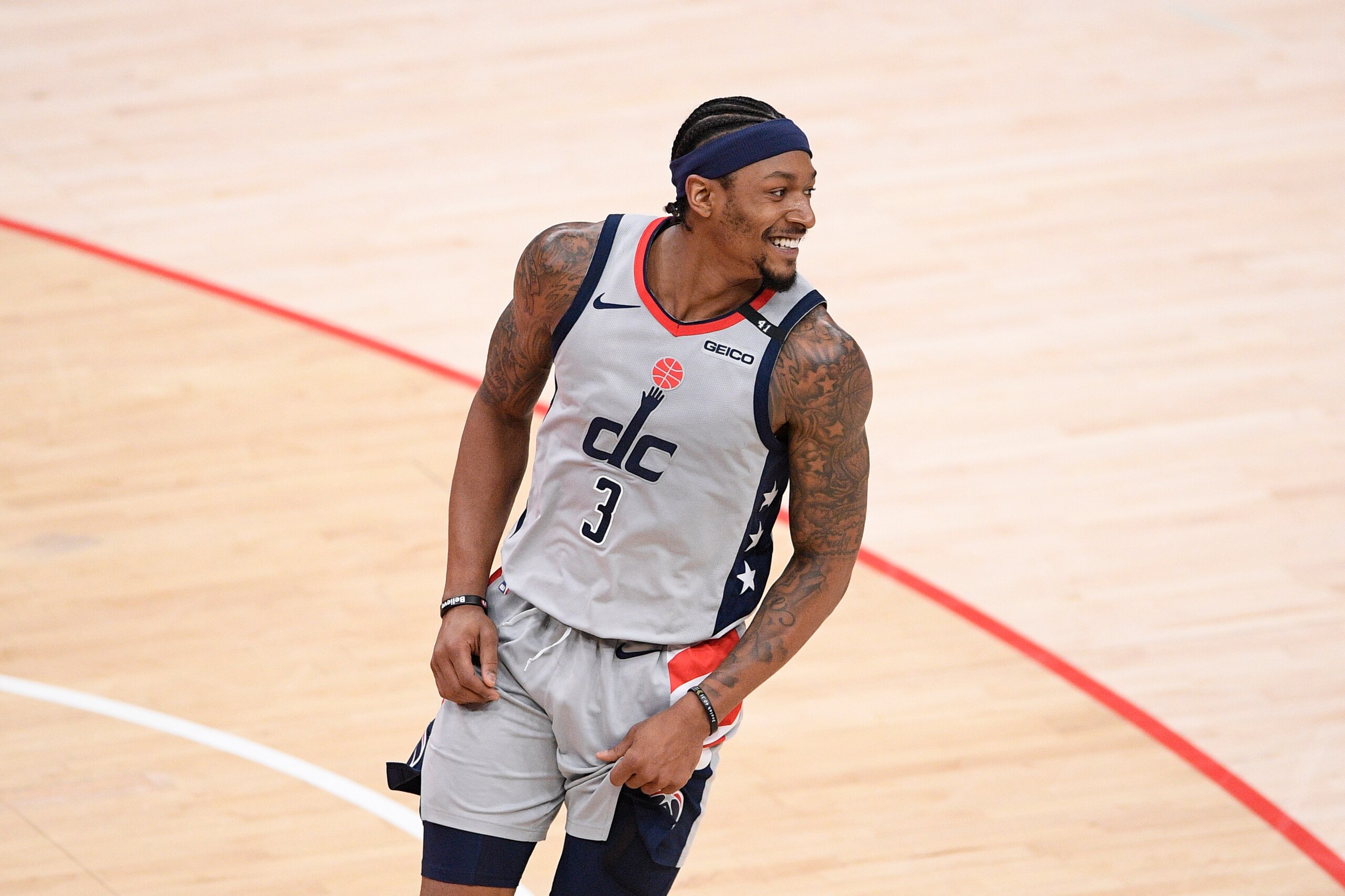 Washington Wizards guard Bradley Beal (3) reacts during the second half of Game 4 in a first-round NBA basketball playoff series against the Philadelphia 76ers, Monday, May 31, 2021, in Washington. (AP Photo/Nick Wass) Washington Wizards guard Bradley Beal (3) reacts during the second half of Game 4 in a first-round NBA basketball playoff series against the Philadelphia 76ers, Monday, May 31, 2021, in Washington. (AP Photo/Nick Wass)