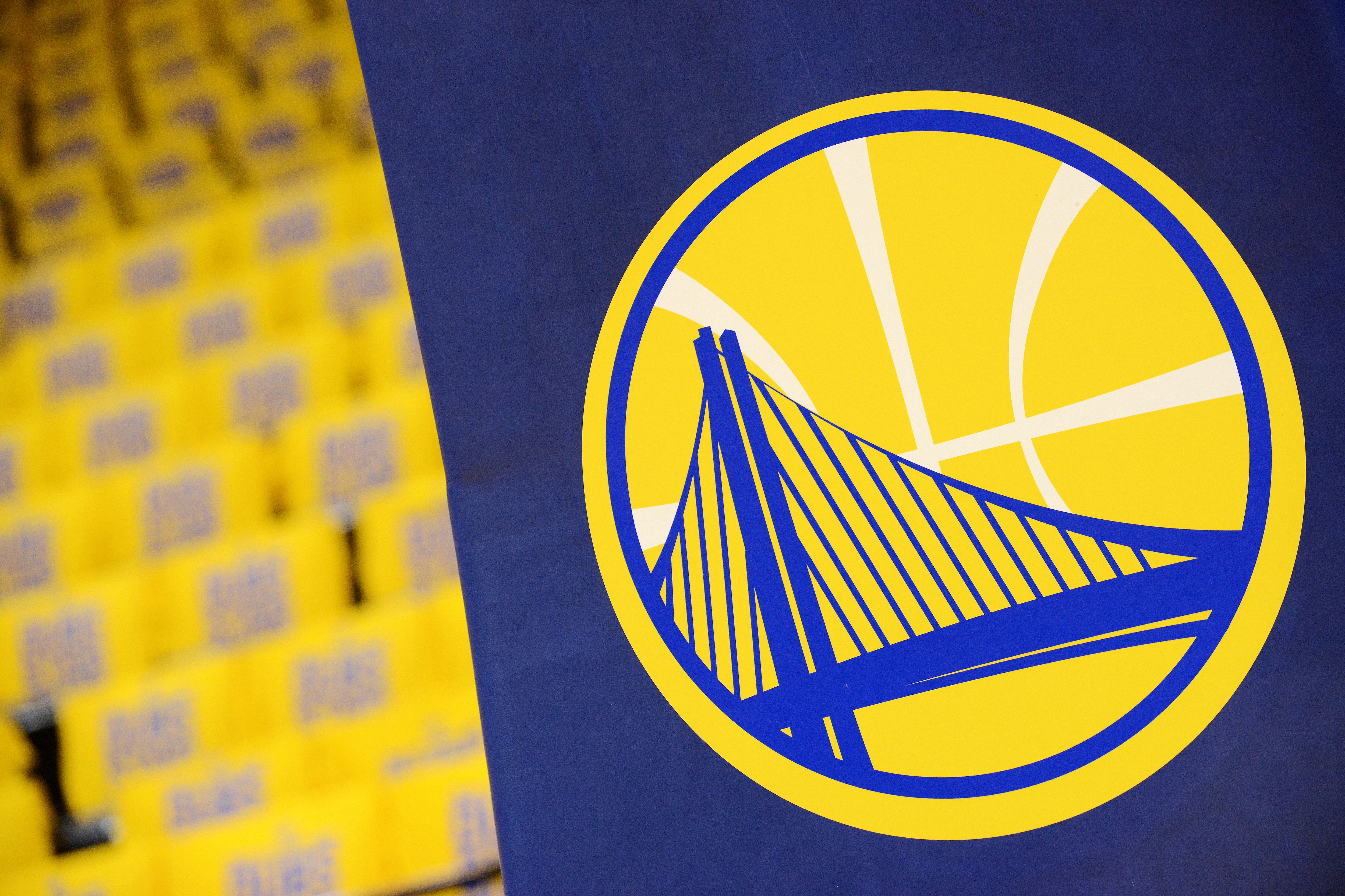 OAKLAND, CA - MAY 16: A close up view of the Golden State Warriors logo before the game against the San Antonio Spurs during Game Two of the Western Conference Finals of the 2017 NBA Playoffs on May 16, 2017 at ORACLE Arena in Oakland, California. NOTE TO USER: User expressly acknowledges and agrees that, by downloading and or using this photograph, user is consenting to the terms and conditions of Getty Images License Agreement. Mandatory Copyright Notice: Copyright 2017 NBAE (Photo by Noah Graham/NBAE via Getty Images)