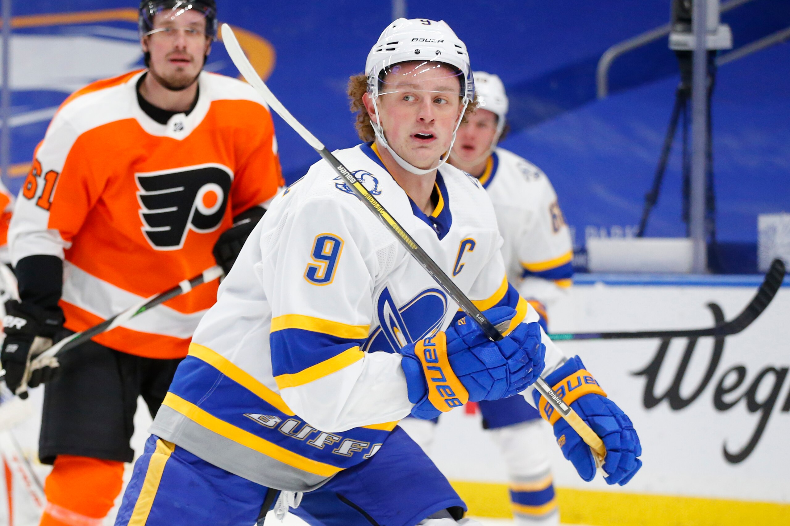 Buffalo Sabres forward Jack Eichel (9) during the second period of an NHL hockey game against the Philadelphia Flyers, Sunday, Feb. 28, 2021, in Buffalo, N.Y. (AP Photo/Jeffrey T. Barnes)