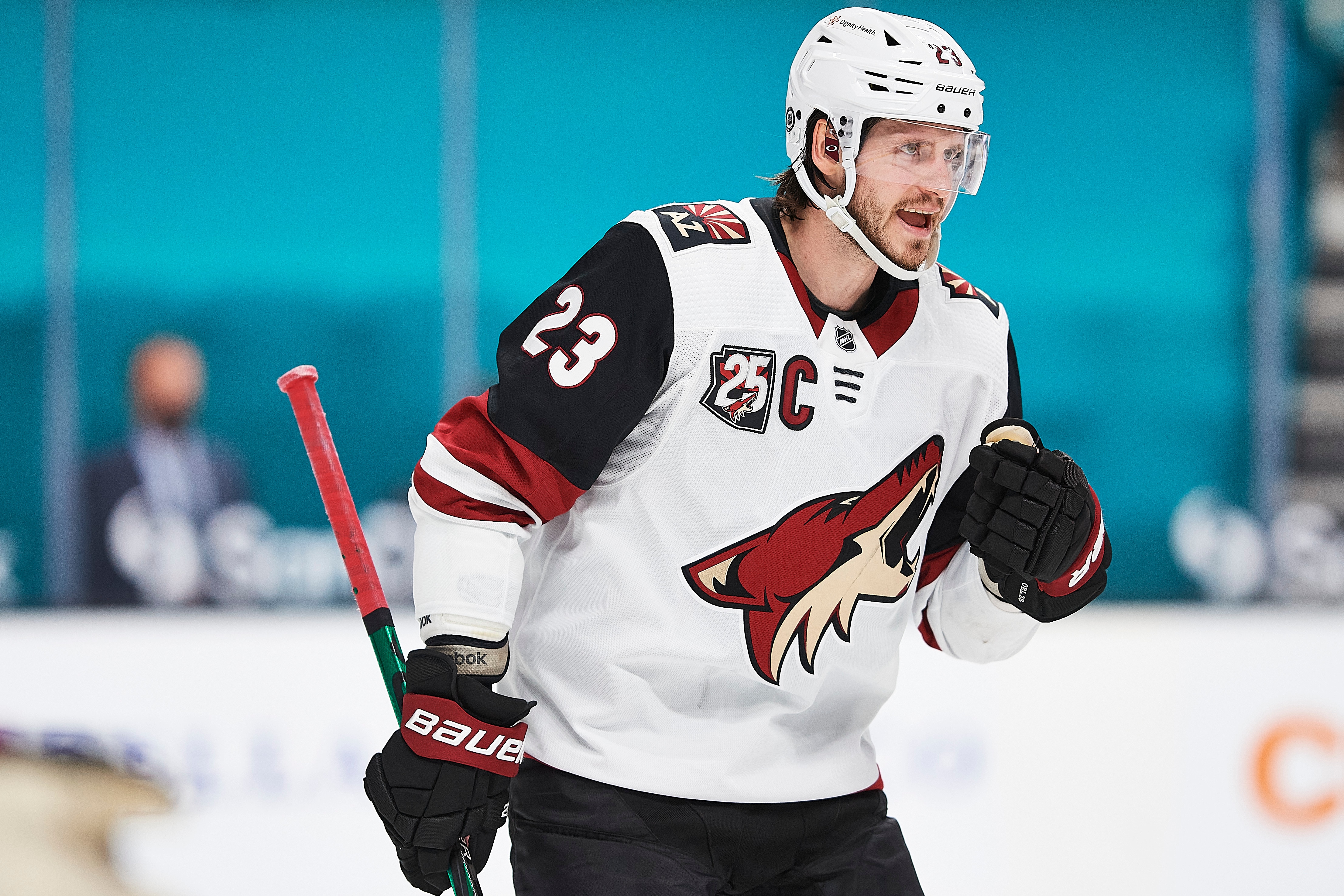 SAN JOSE, CA - May 8: Arizona Coyotes defenseman Oliver Ekman-Larsson (23) talks to teammates during the San Jose Sharks game versus the Arizona Coyotes on May 8, 2021, at SAP Center at San Jose in San Jose, CA. (Photo by Matt Cohen/Icon Sportswire via Getty Images)