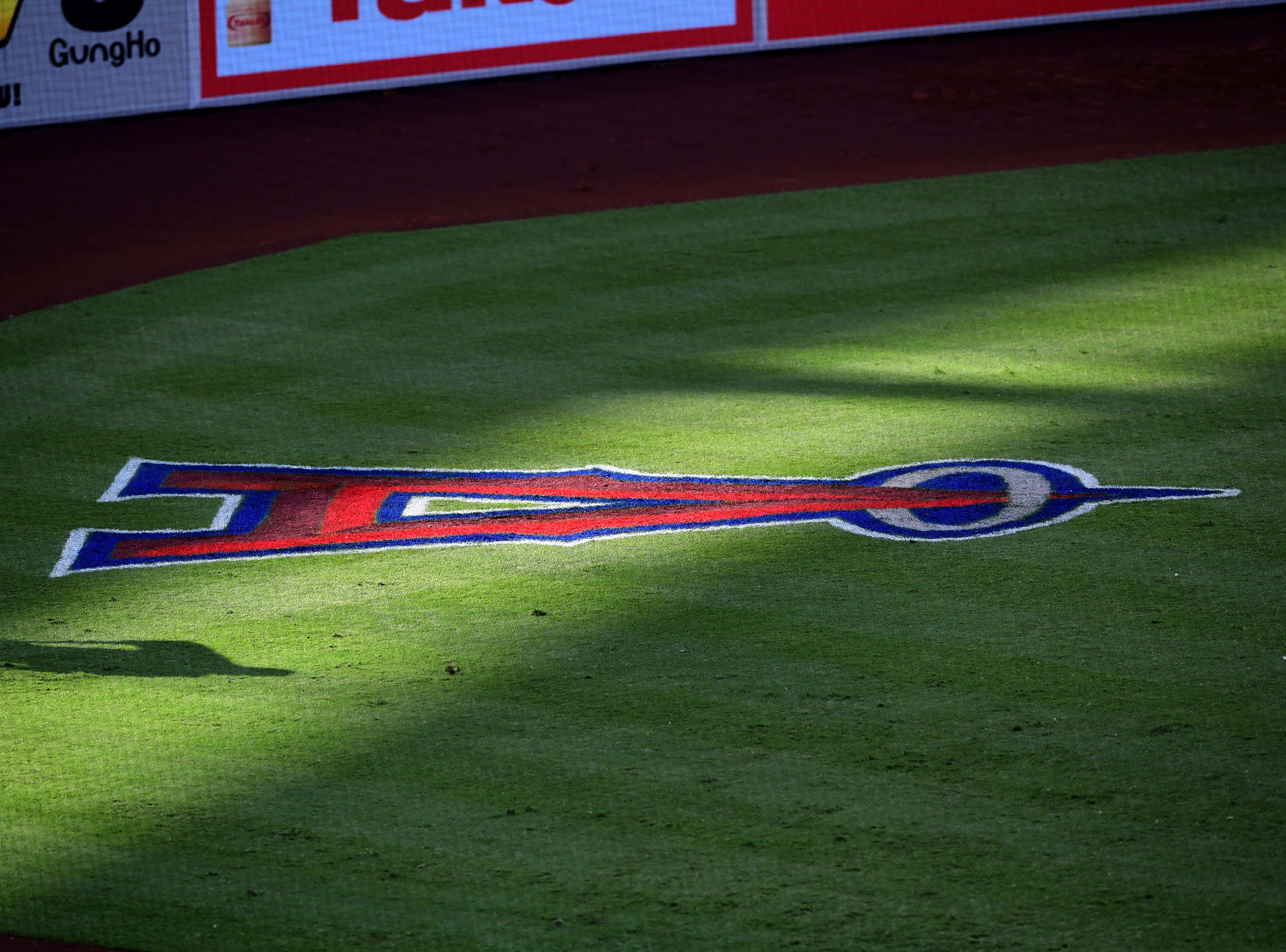 ANAHEIM, CA - SEPTEMBER 21: A detailed view of the Los Angeles Angels logo painted on the grass at Angel Stadium of Anaheim on September 21, 2020 in Anaheim, California. (Photo by Jayne Kamin-Oncea/Getty Images)